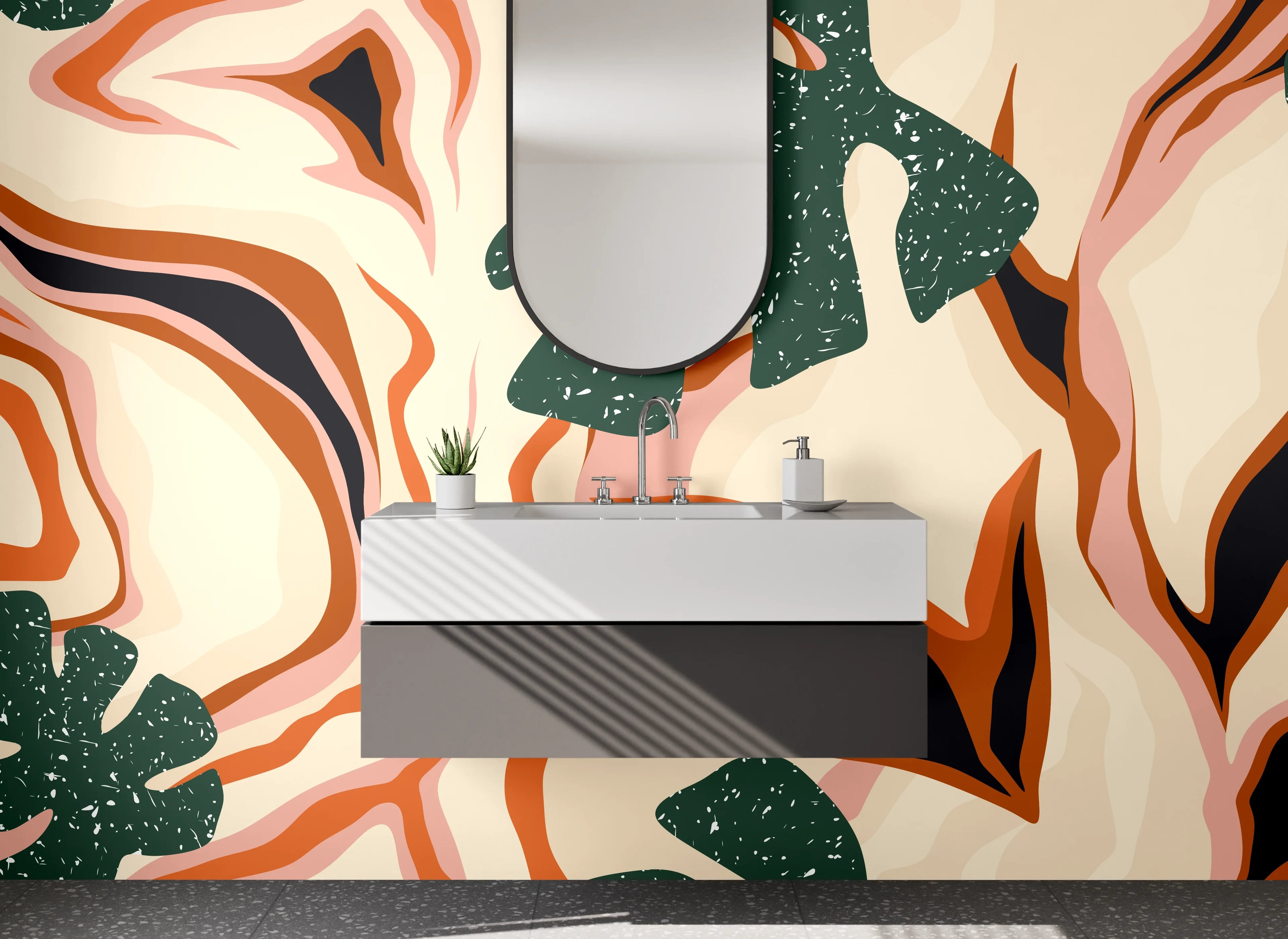 Waschbecken-Rückwand - Abstraktes Jungle-Blatt Design Orange Grün