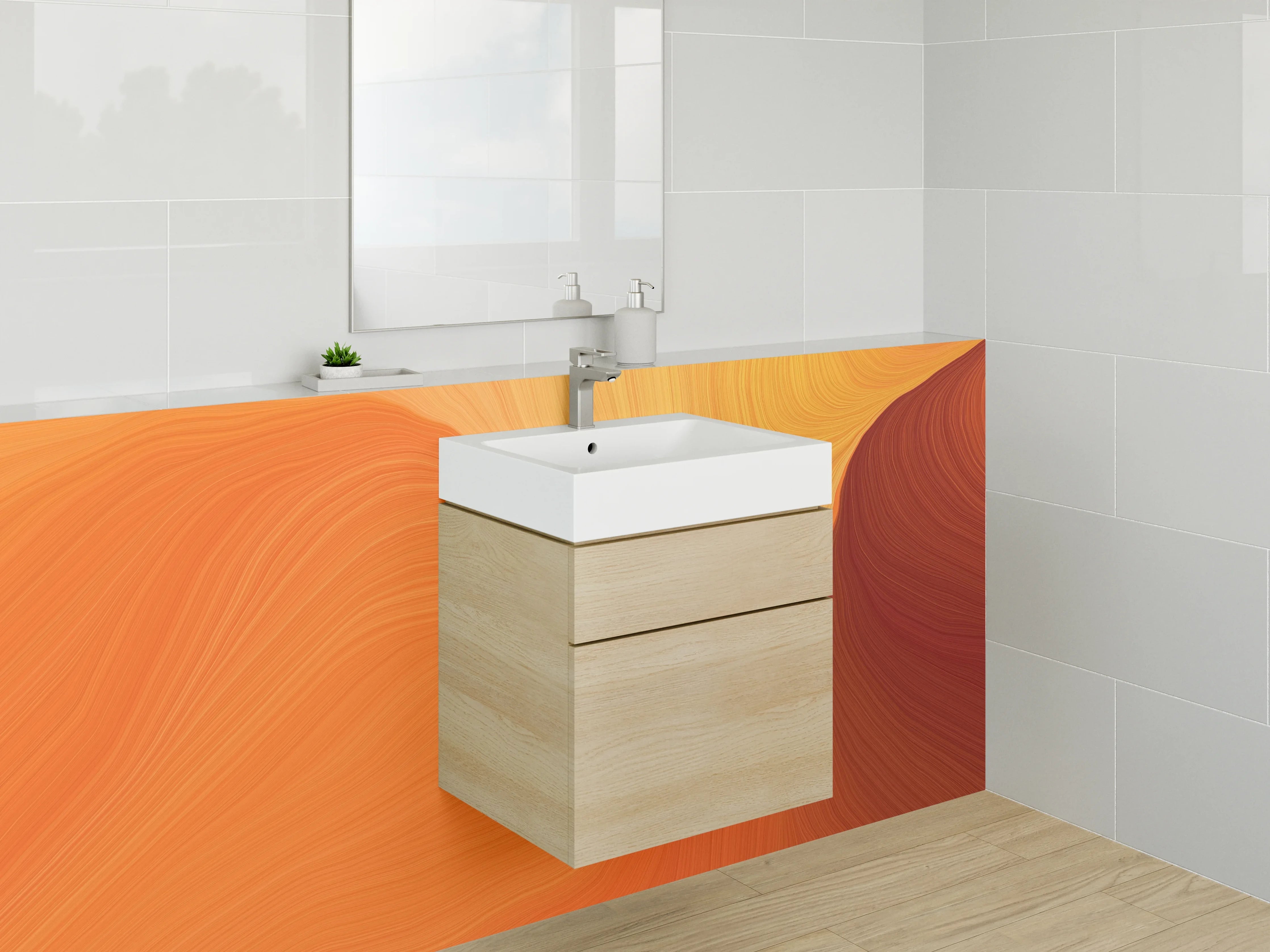 Waschbecken-Rückwand - Abstraktes Orange Wellen Motiv