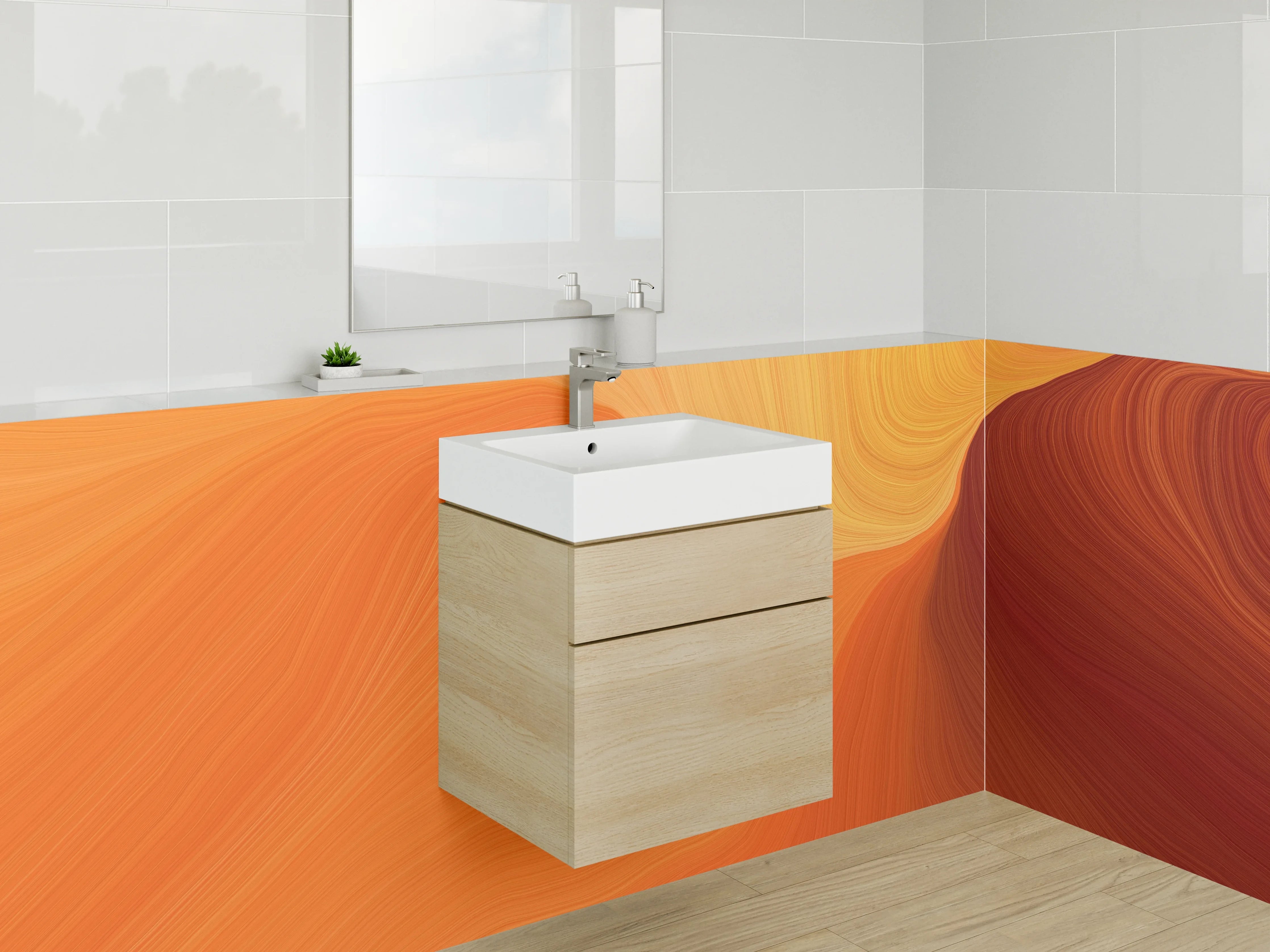 Waschbecken-Rückwand - Abstraktes Orange Wellen Motiv