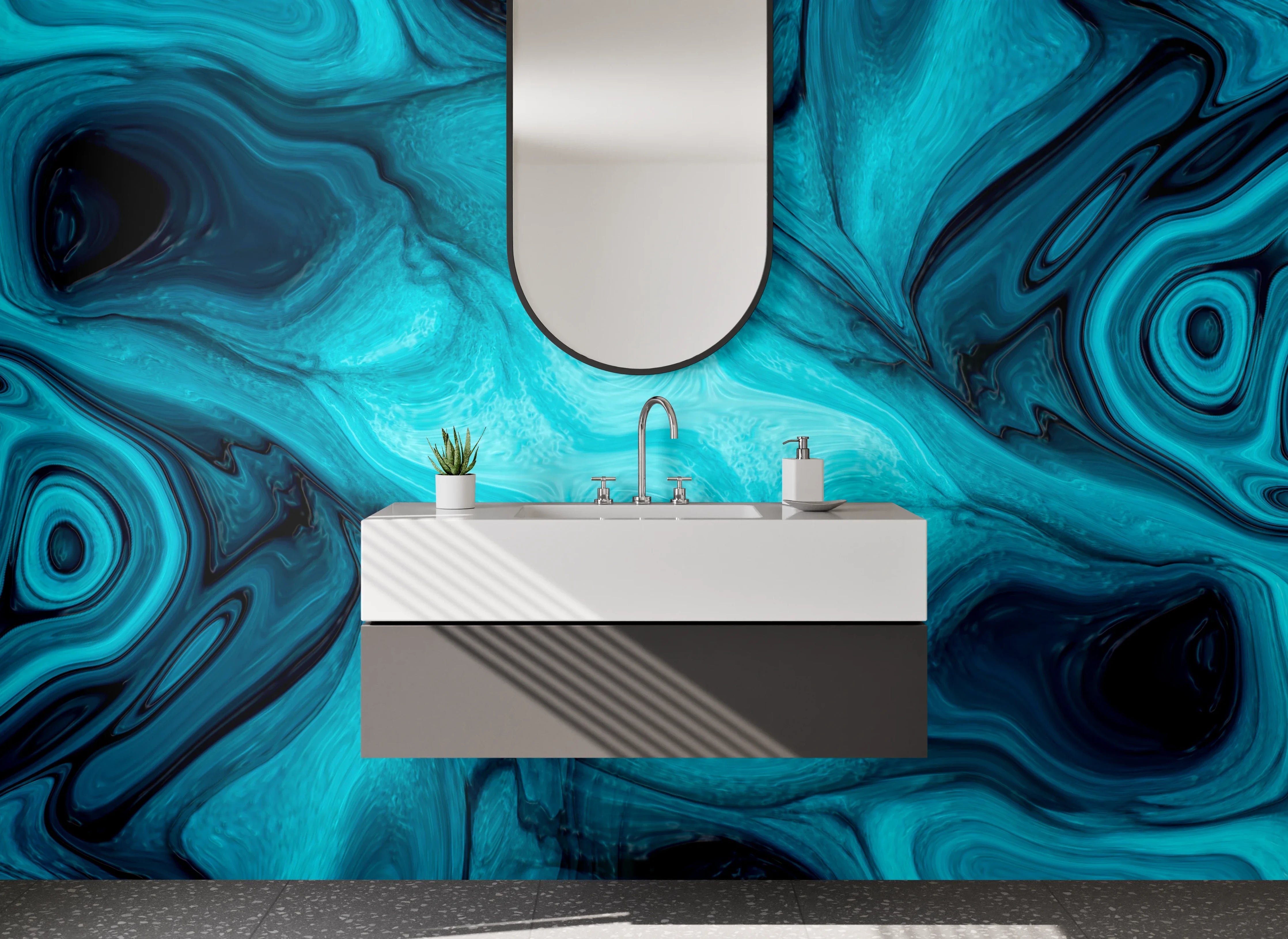 Waschbecken-Rückwand - Abstraktes Ozeanblau Marmor Design