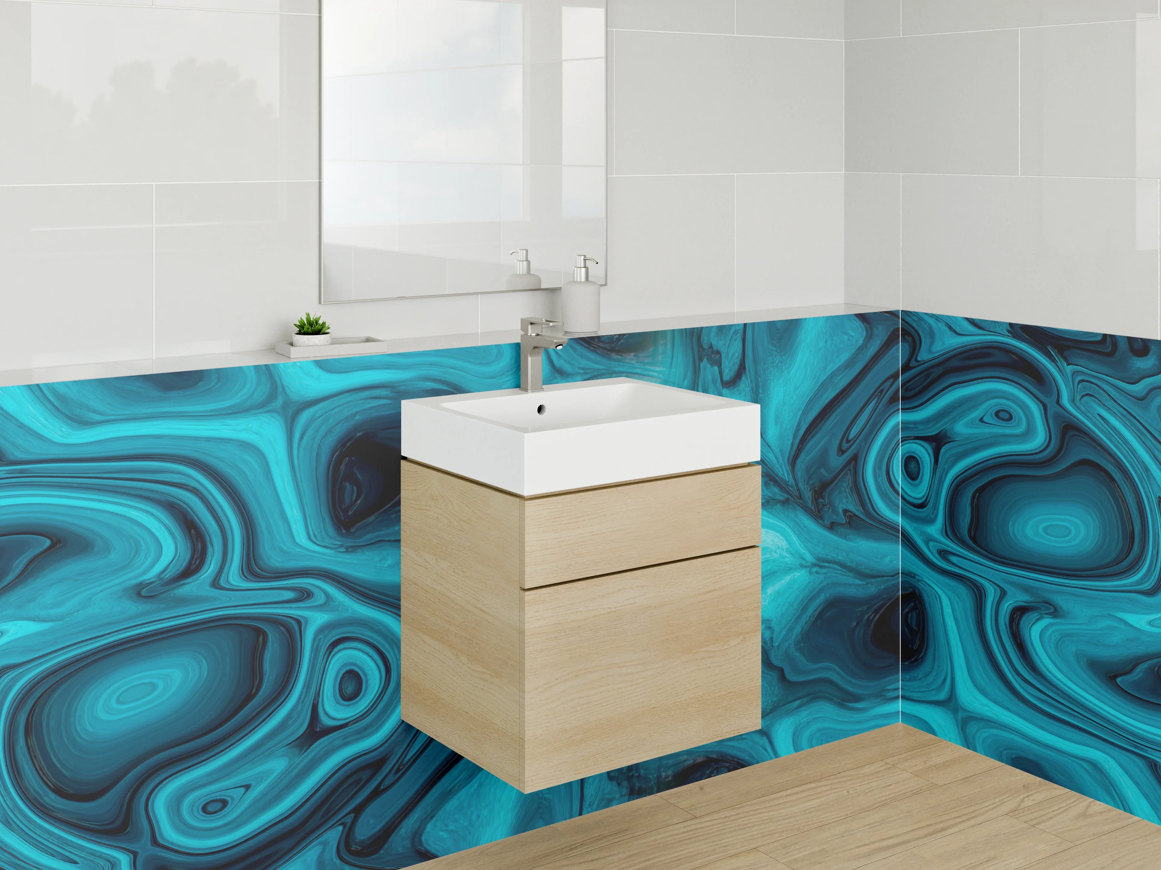Waschbecken-Rückwand - Abstraktes Ozeanblau Marmor Design