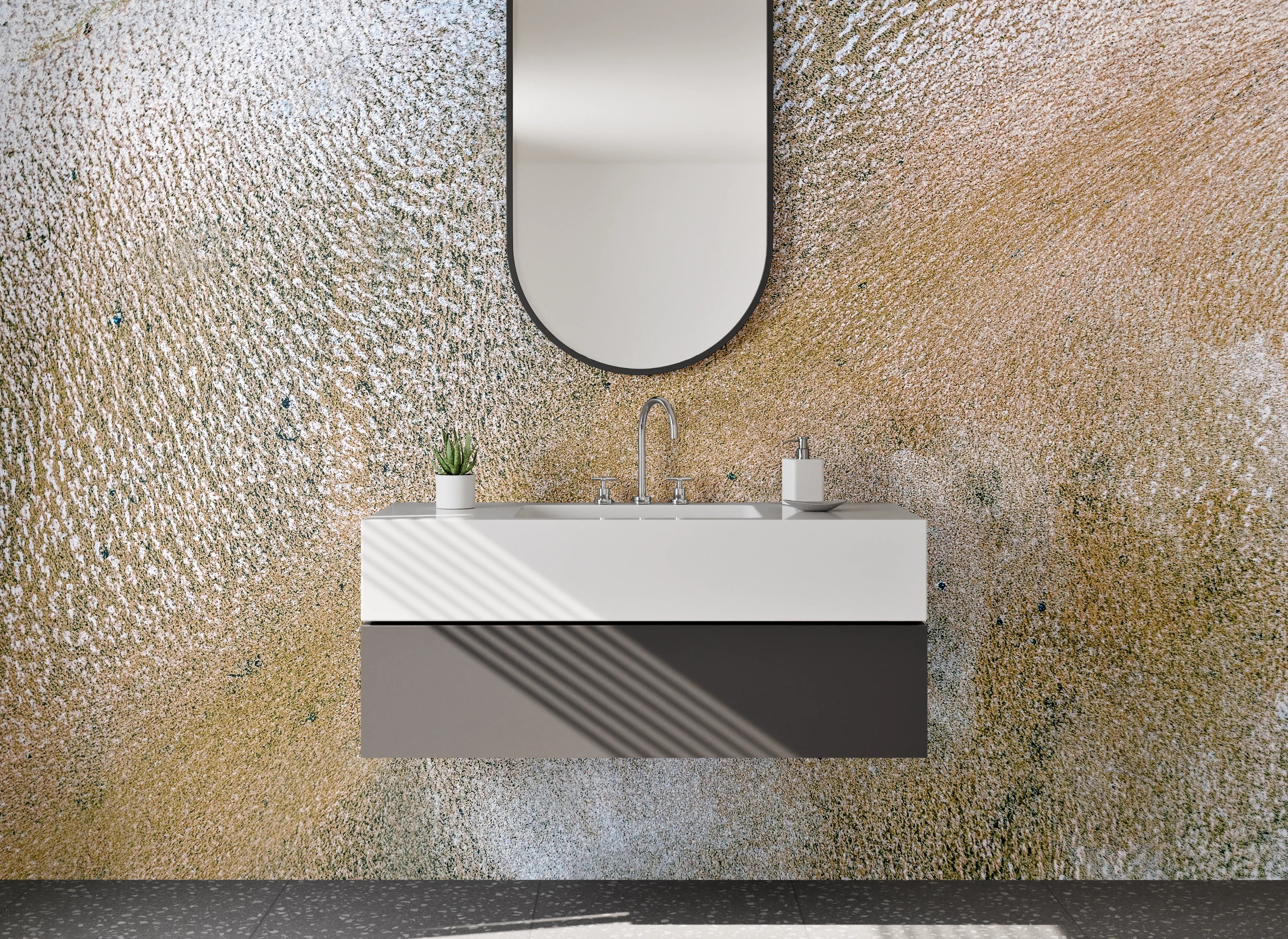 Waschbecken-Rückwand - Abstraktes Sand-Muster in Weiß und Beige