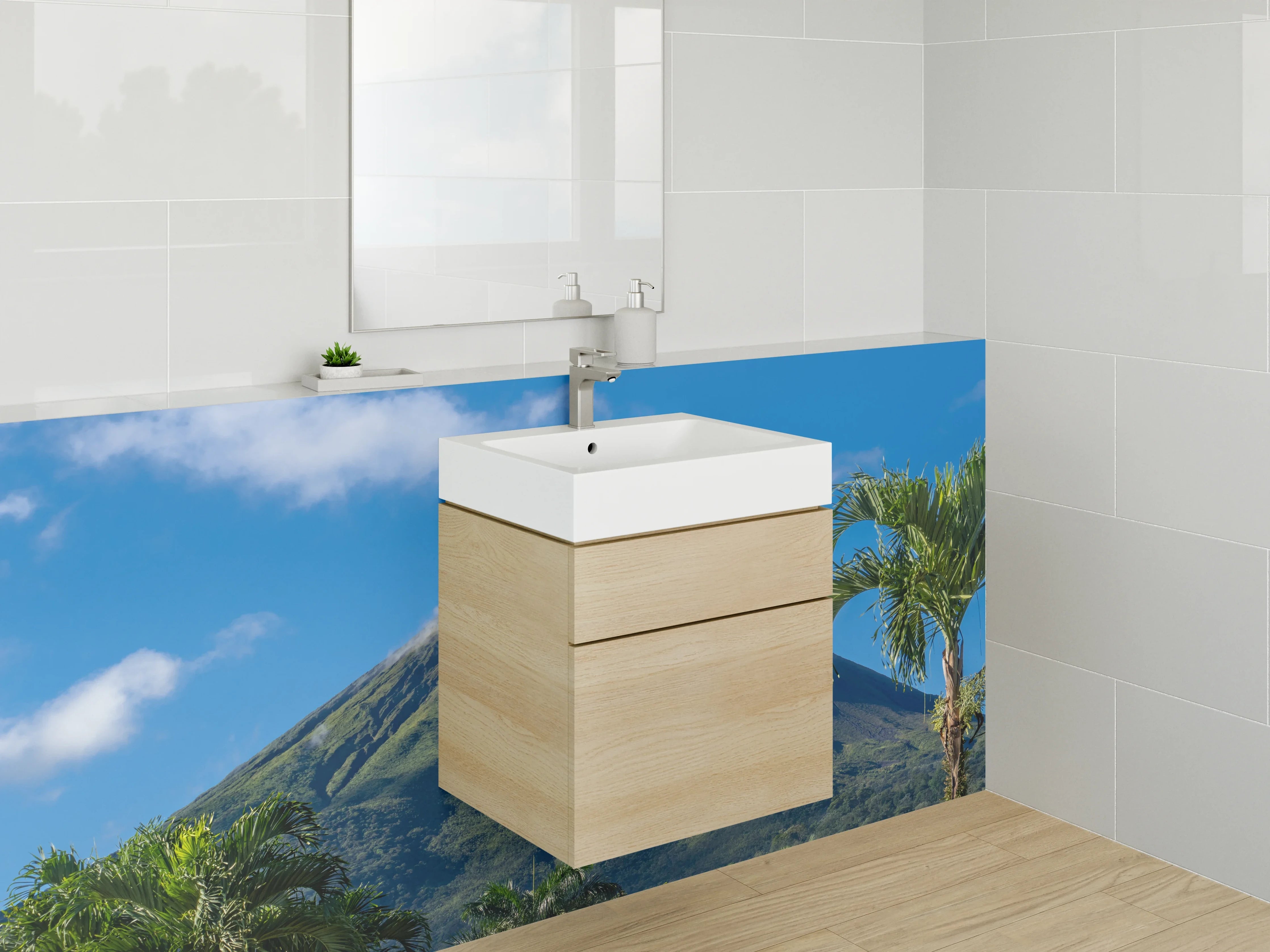 Waschbecken-Rückwand - Aktiver Vulkan mit üppiger Vegetation