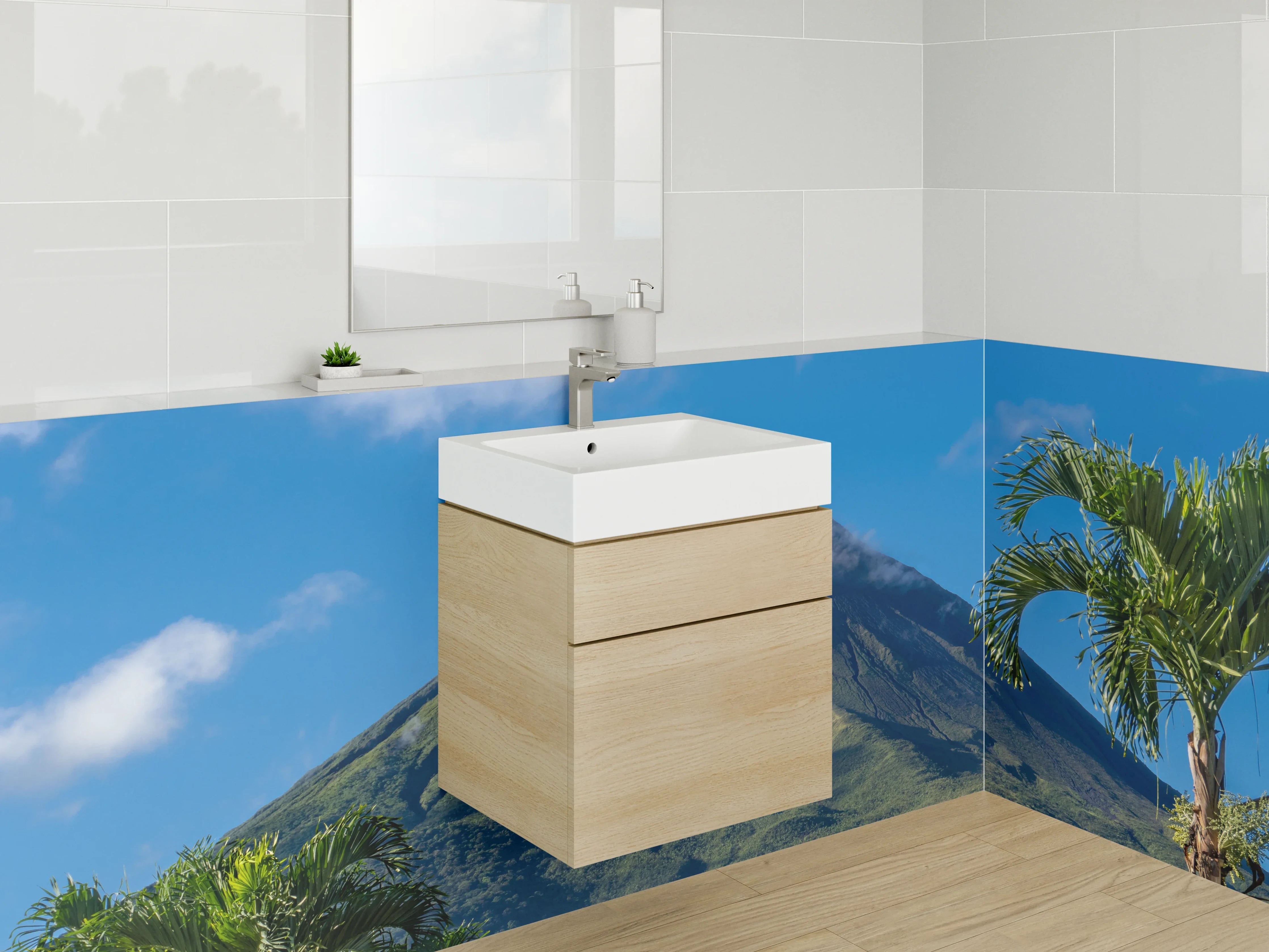 Waschbecken-Rückwand - Aktiver Vulkan mit üppiger Vegetation