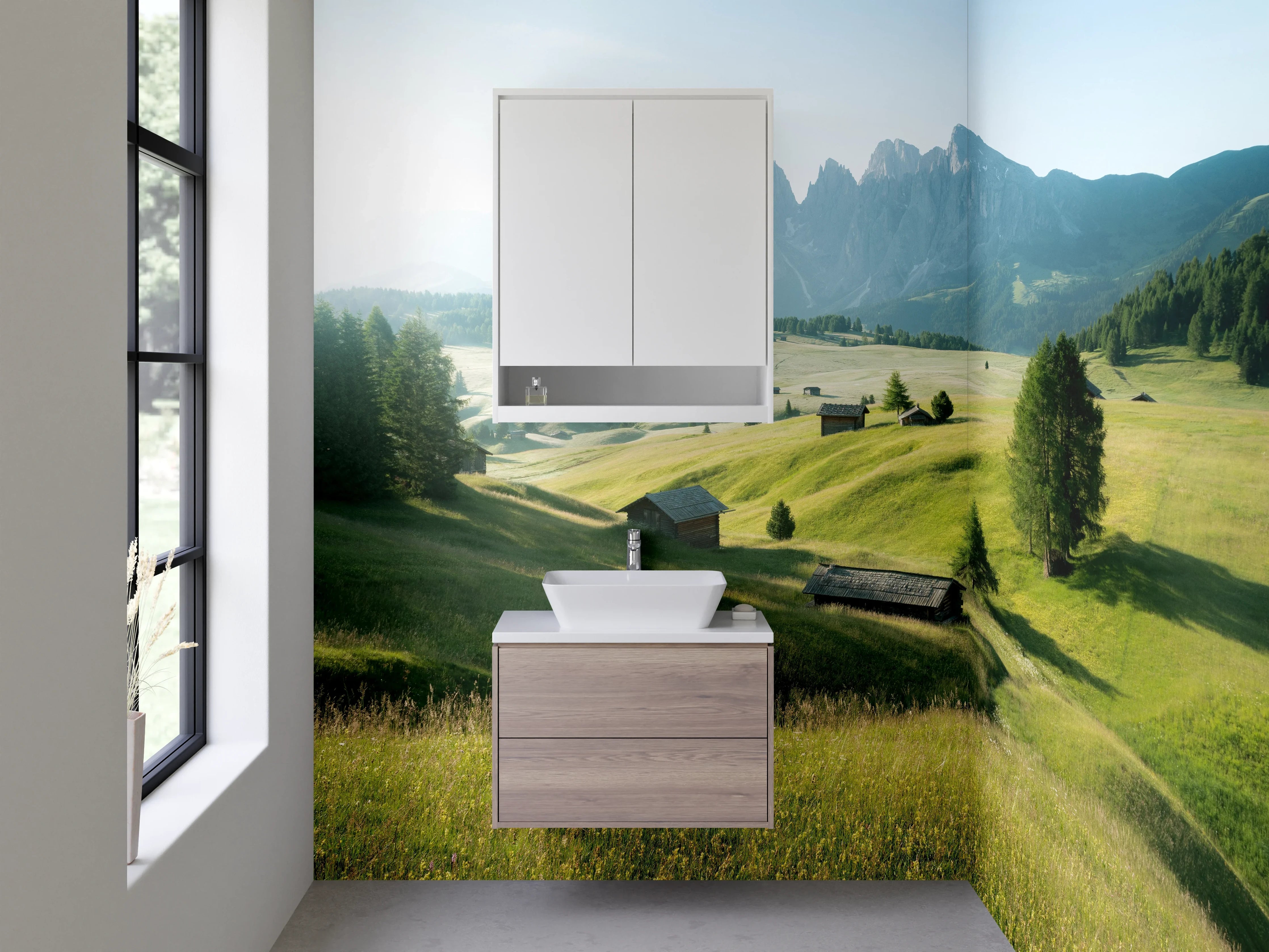 Waschbecken-Rückwand - Alpenländische Wiesenlandschaft Panorama