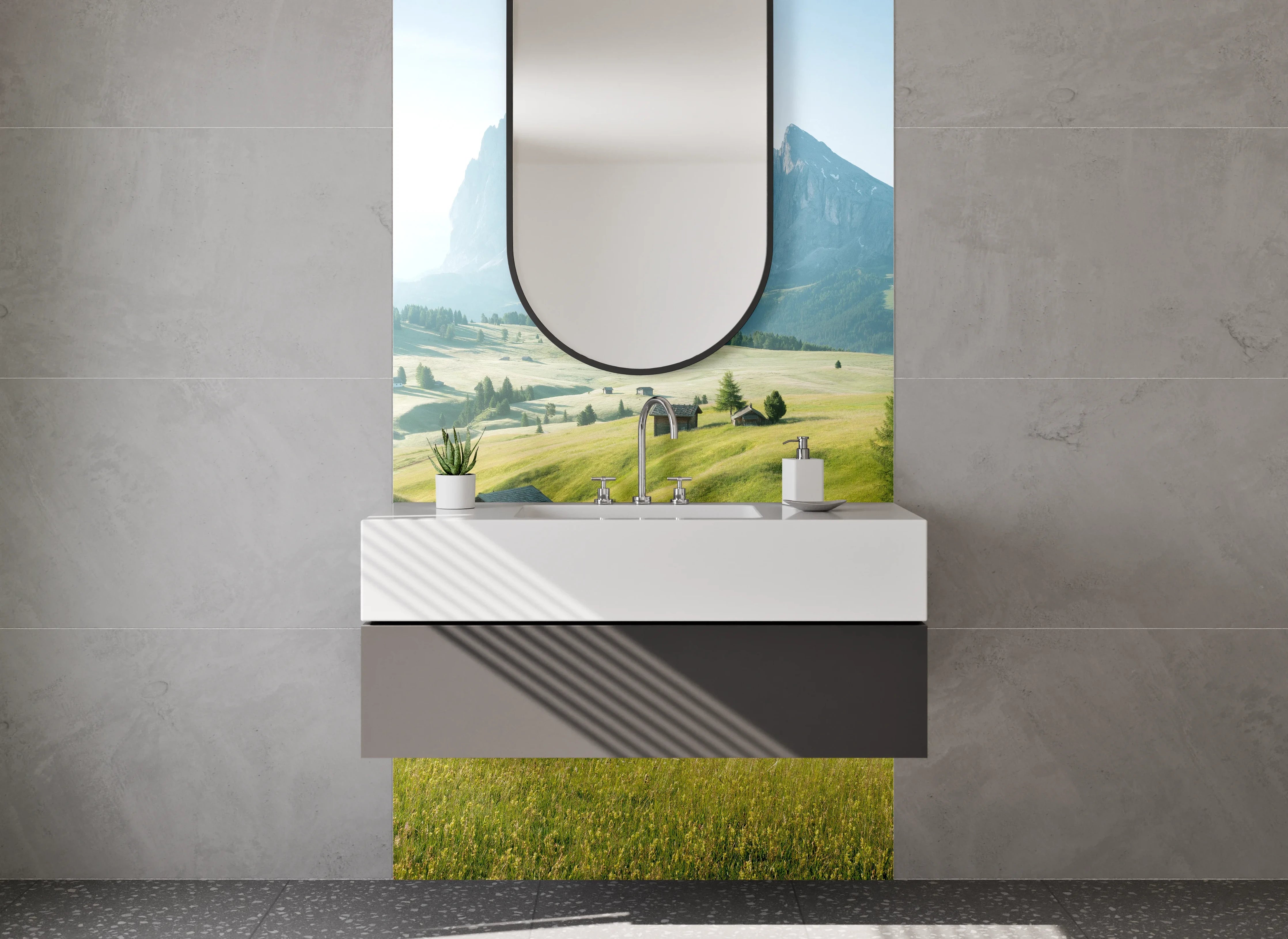Waschbecken-Rückwand - Alpenländische Wiesenlandschaft Panorama
