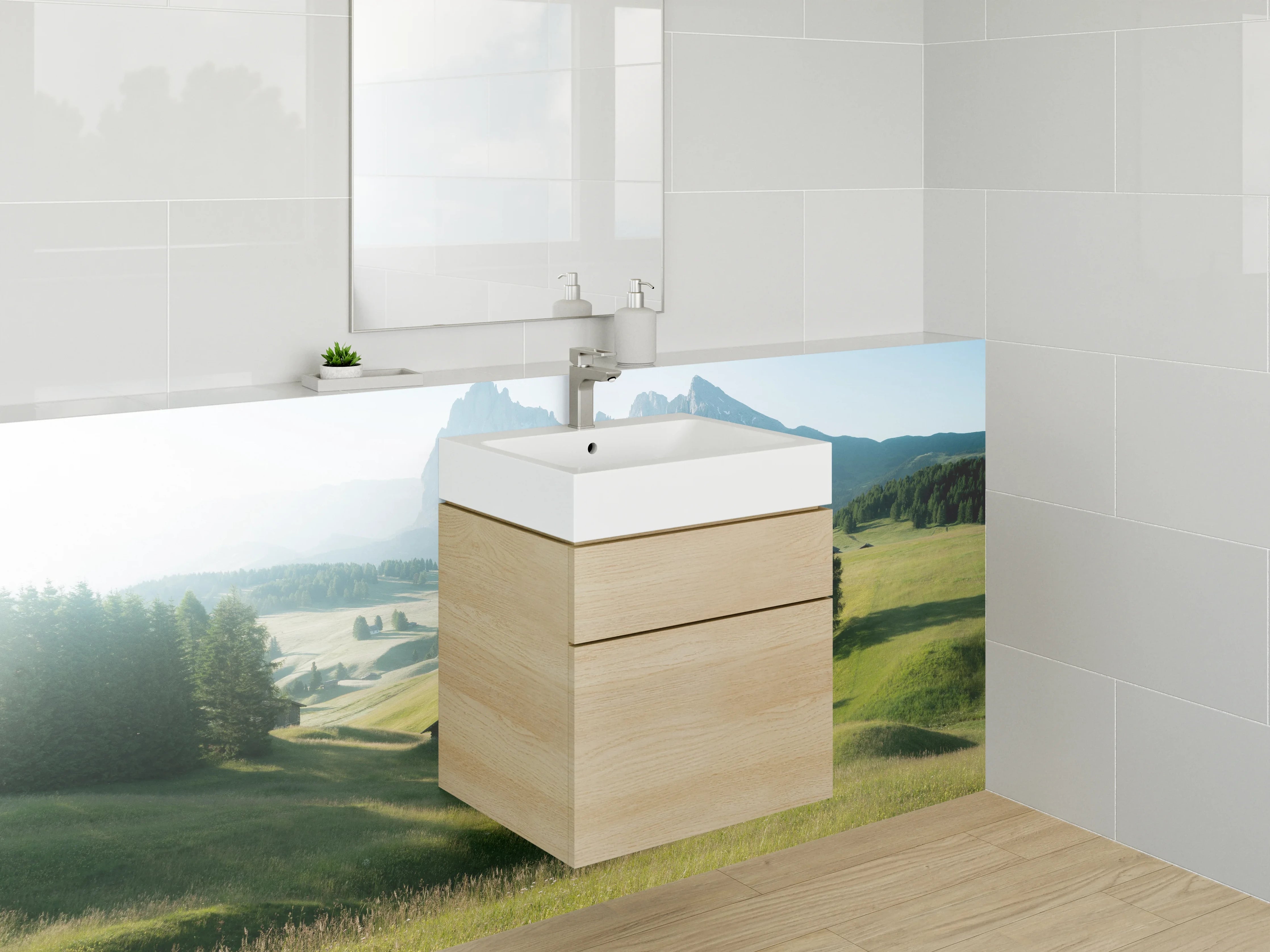 Waschbecken-Rückwand - Alpenländische Wiesenlandschaft Panorama