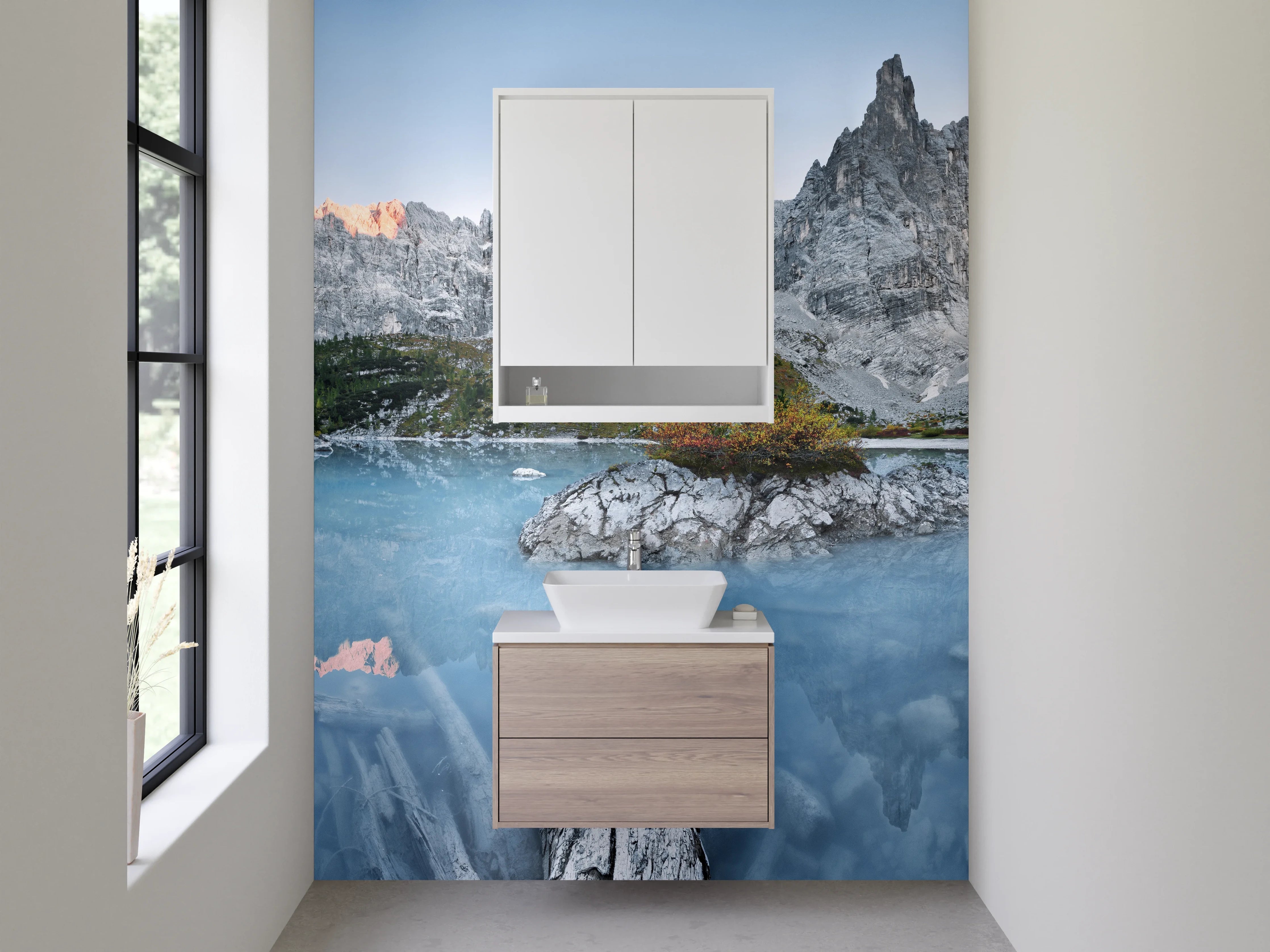 Waschbecken-Rückwand - Alpenpanorama am Bergsee
