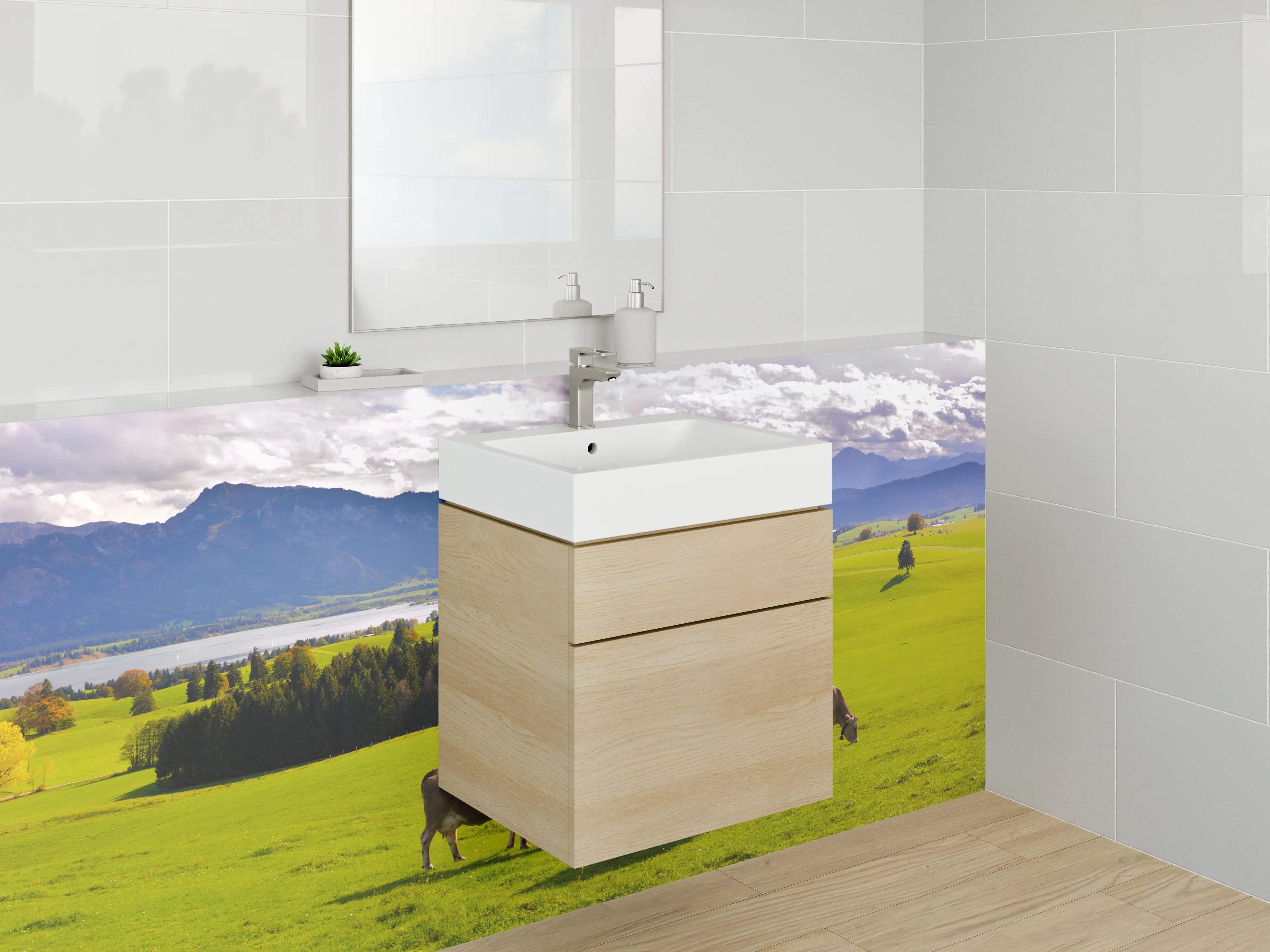 Waschbecken-Rückwand - Alpenwiese mit Kühen und Bergblick