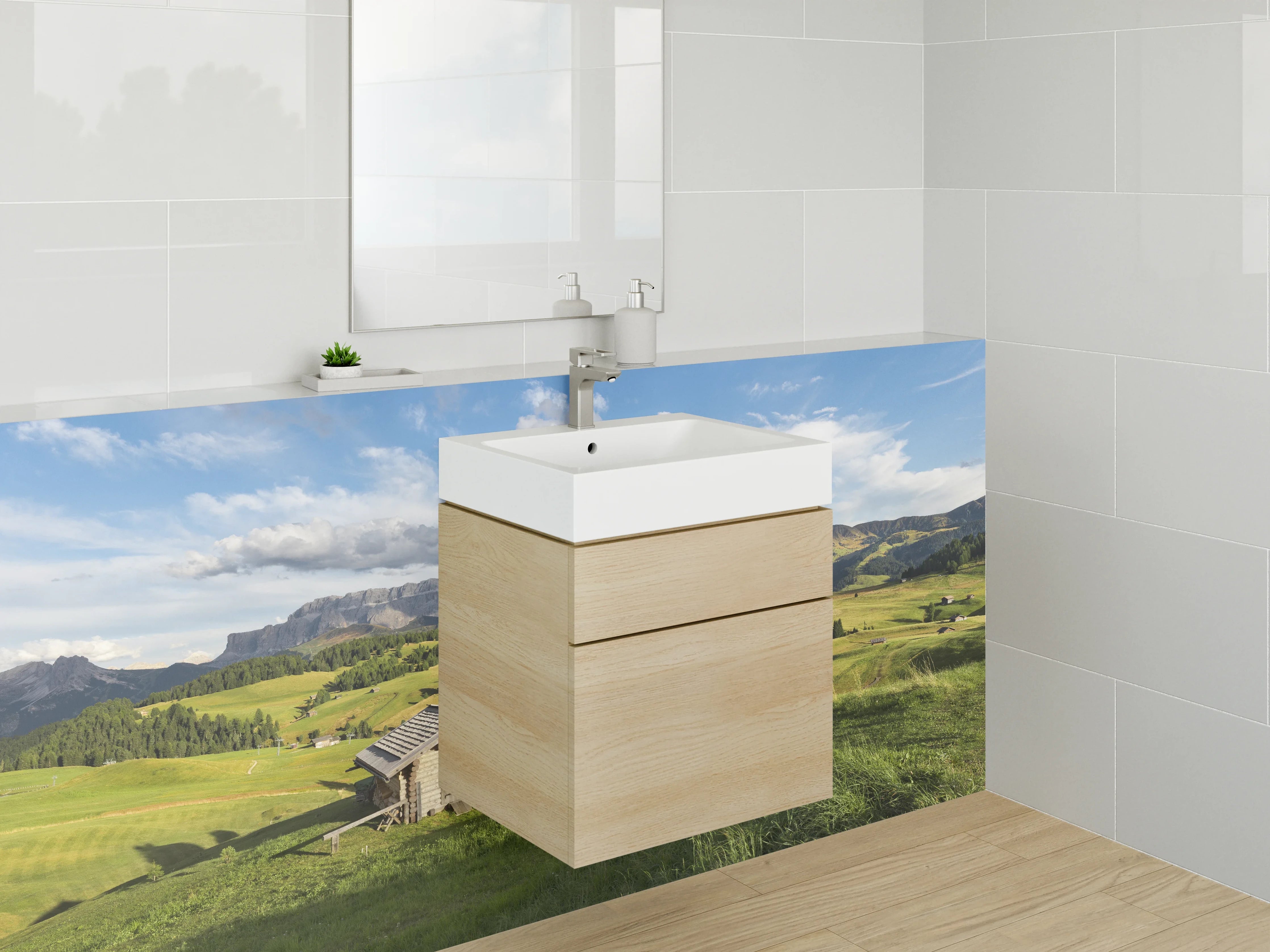 Waschbecken-Rückwand - Alpines Bergland mit Hütten und grünen Wiesen