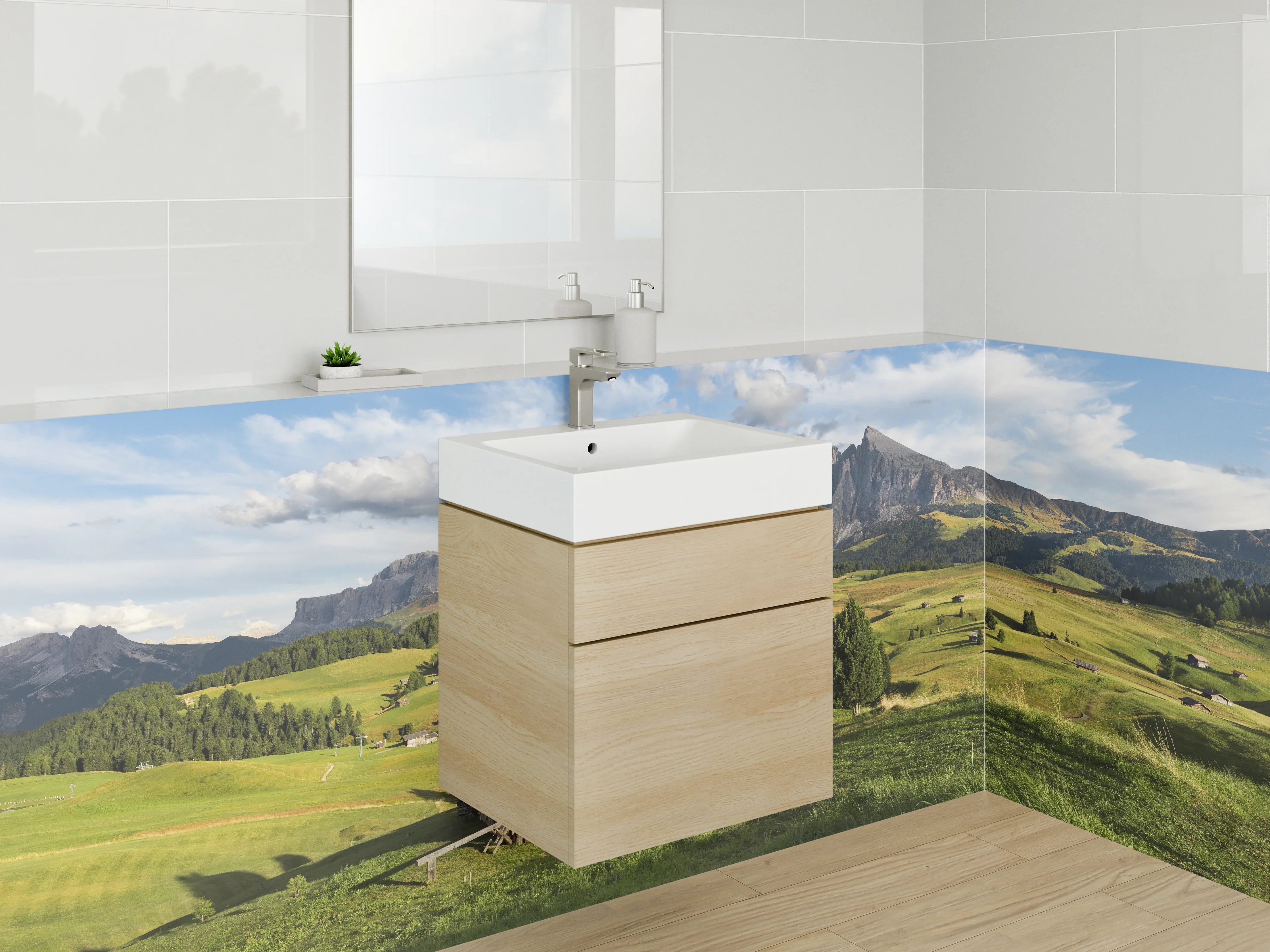 Waschbecken-Rückwand - Alpines Bergland mit Hütten und grünen Wiesen