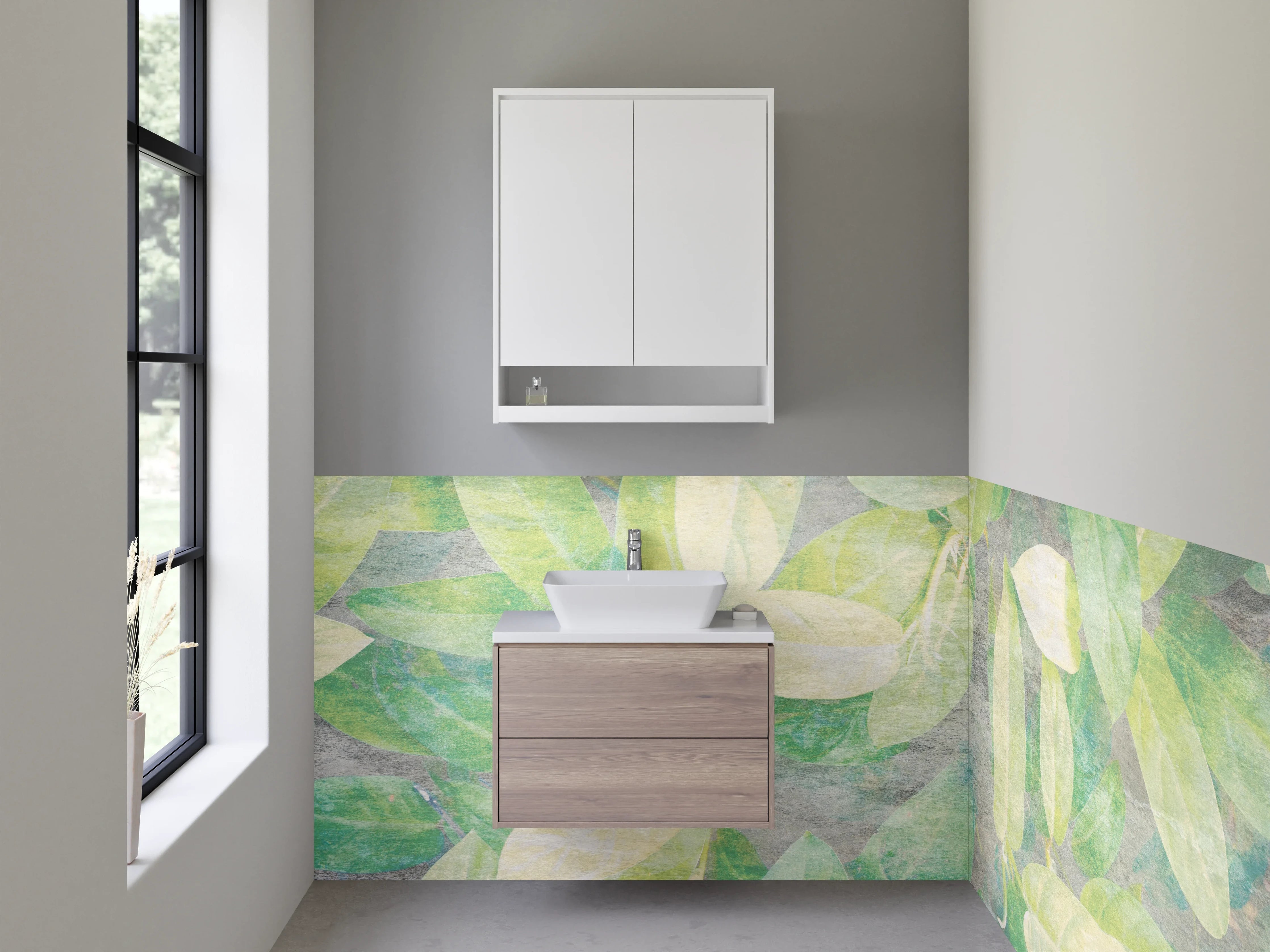 Waschbecken-Rückwand - Aquarell Blätter Grün Beige Wandbild