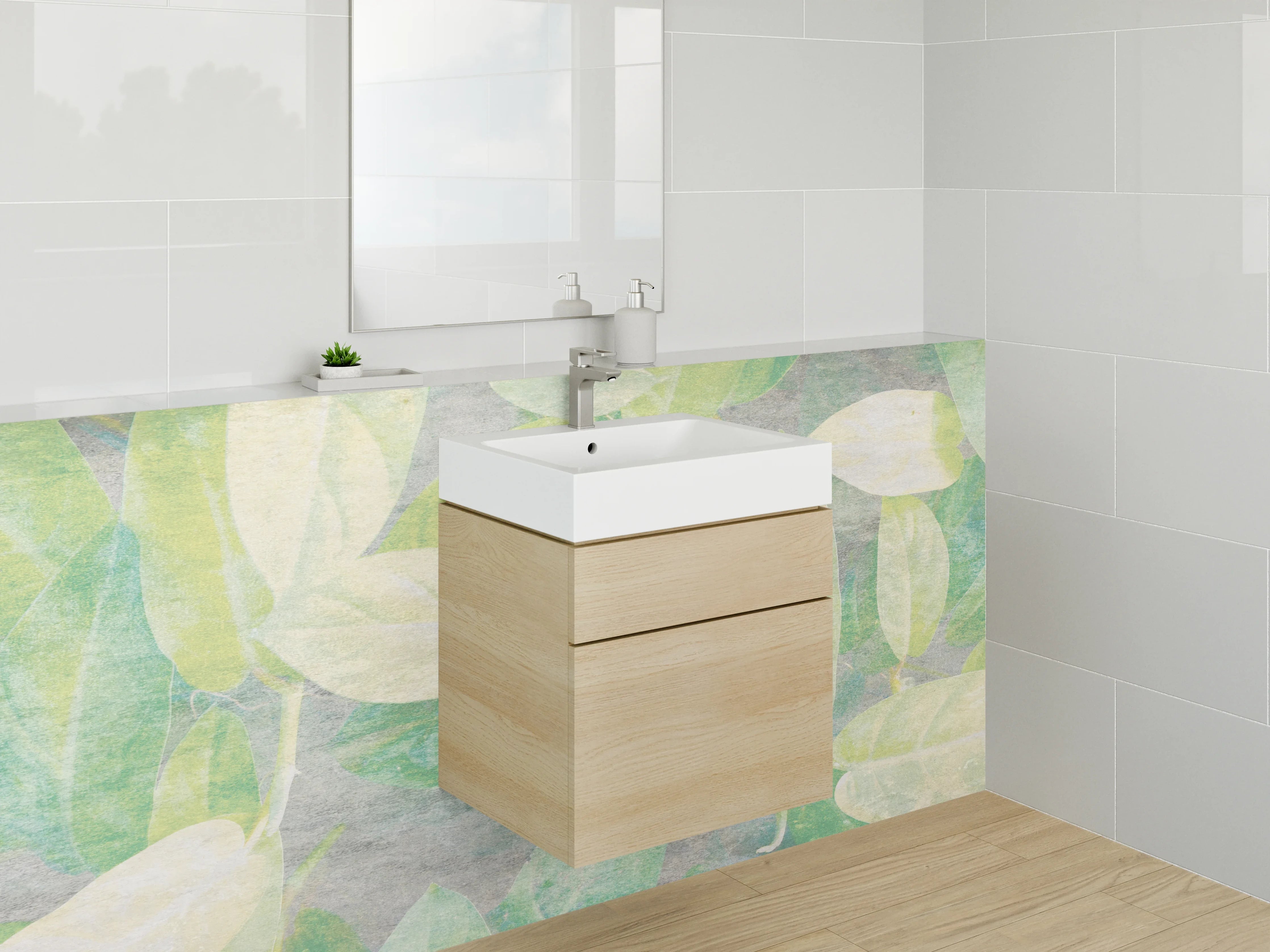 Waschbecken-Rückwand - Aquarell Blätter Grün Beige Wandbild