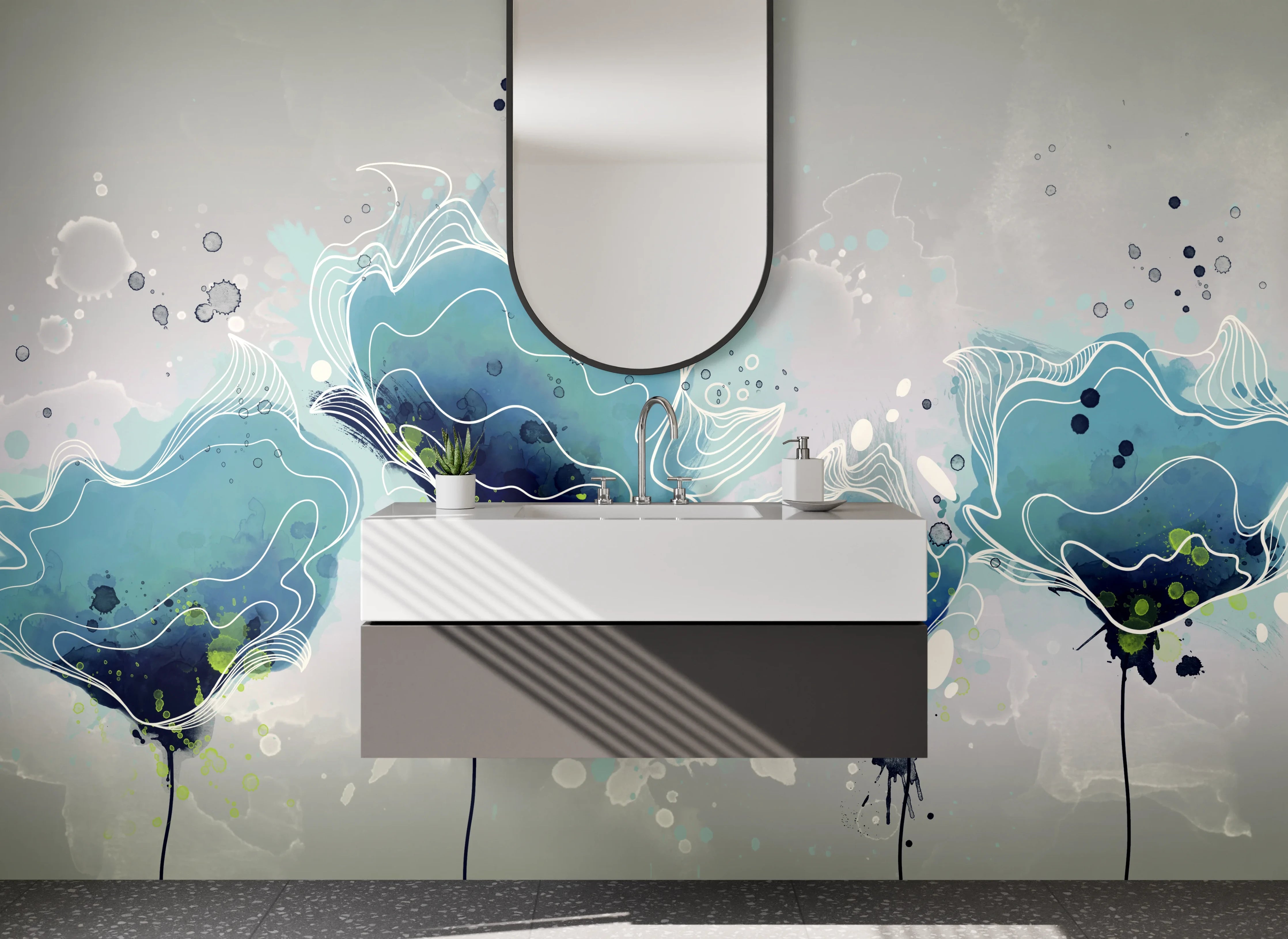 Waschbecken-Rückwand - Aquarell Blau Blumenranken Illustration