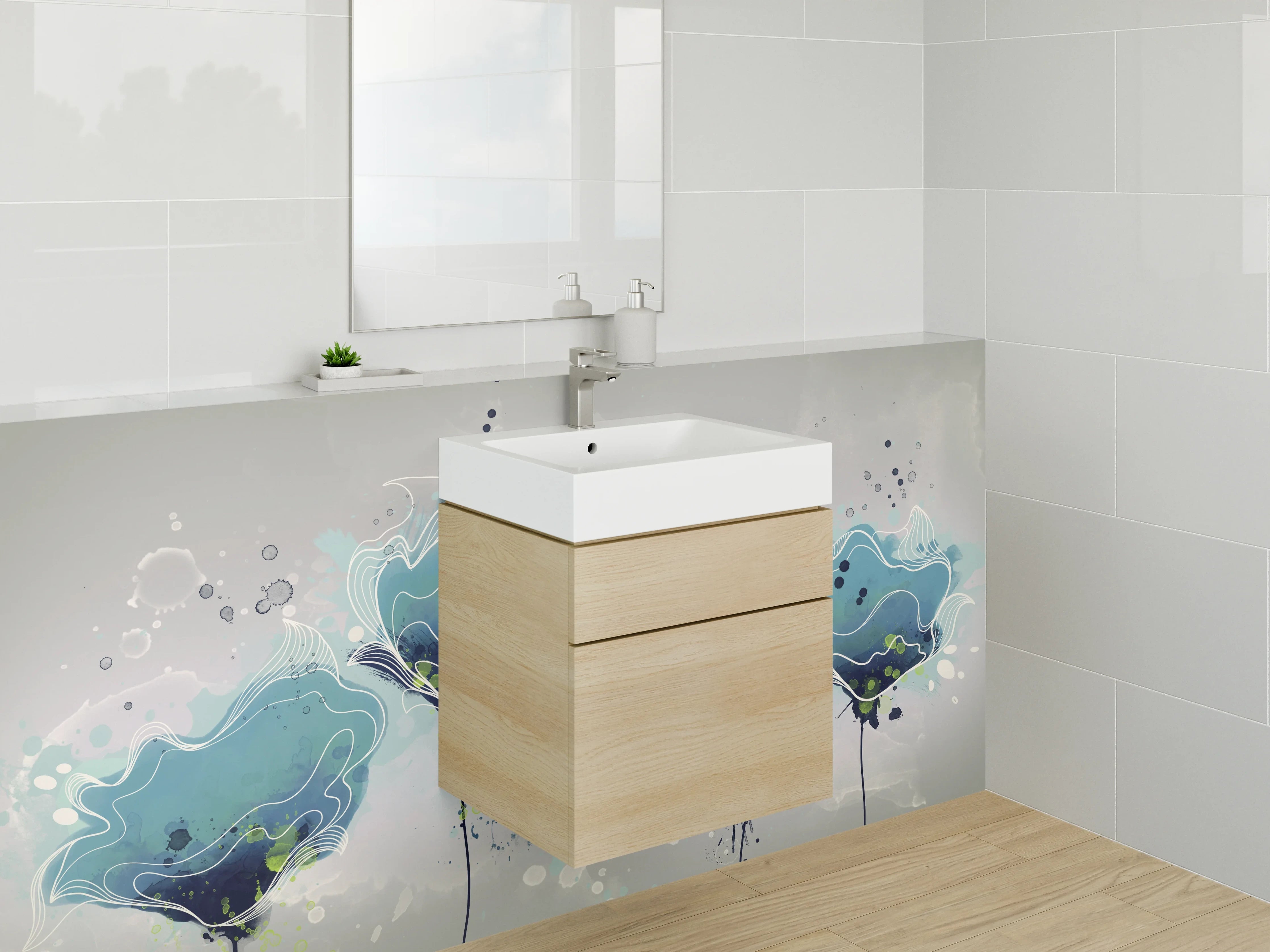 Waschbecken-Rückwand - Aquarell Blau Blumenranken Illustration