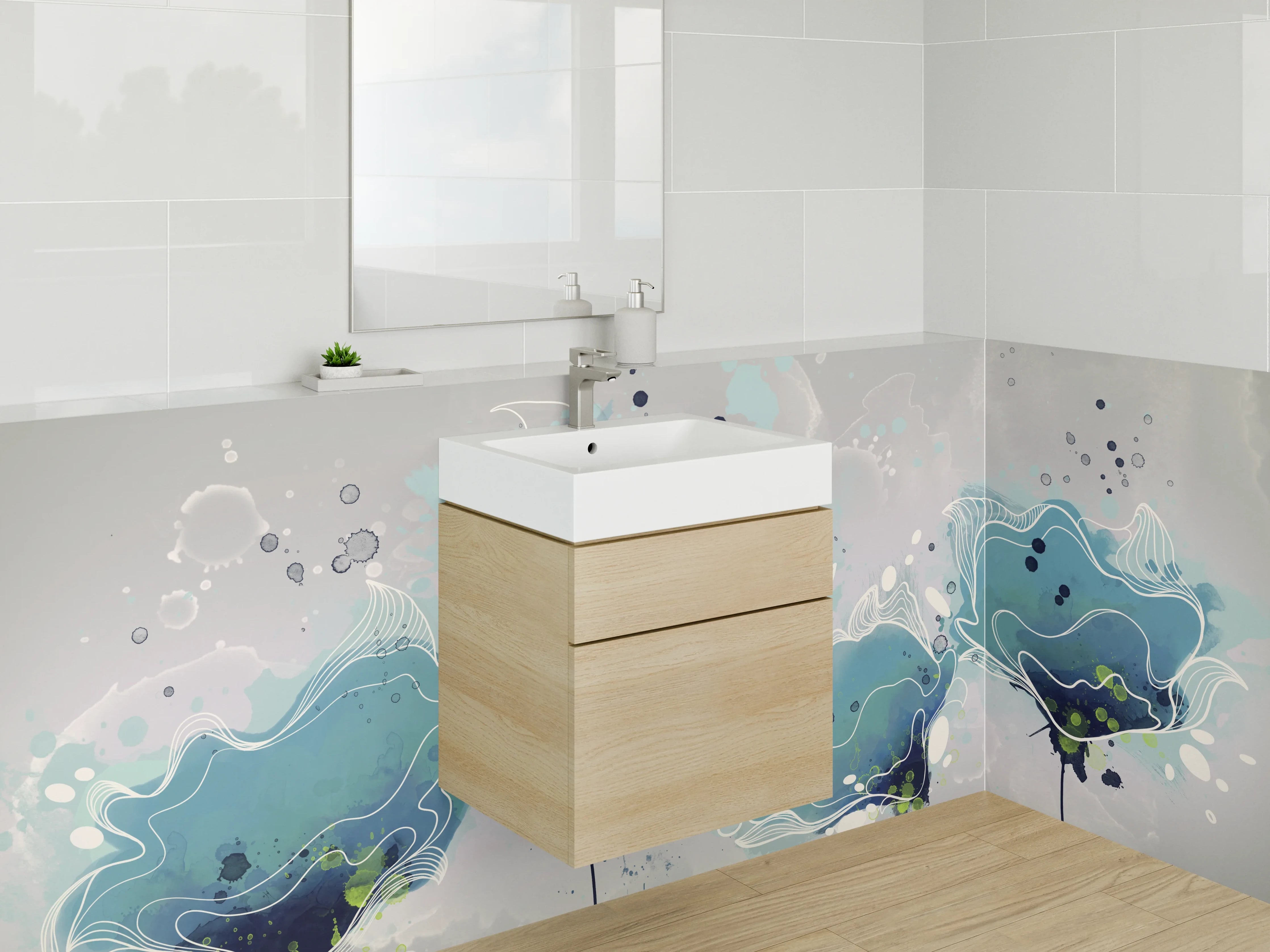 Waschbecken-Rückwand - Aquarell Blau Blumenranken Illustration