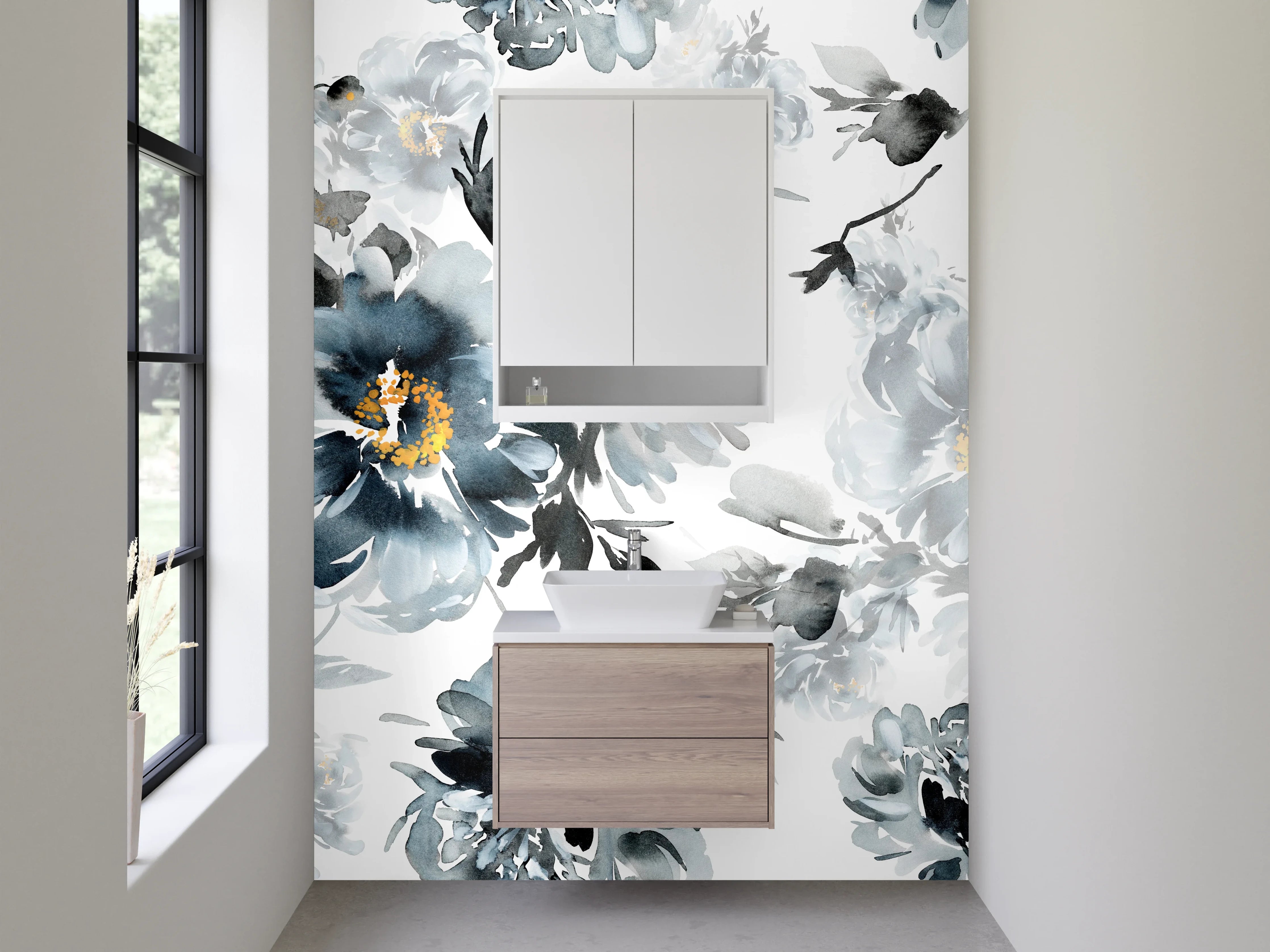 Waschbecken-Rückwand - Aquarell-Blüten in Grau und Weiß