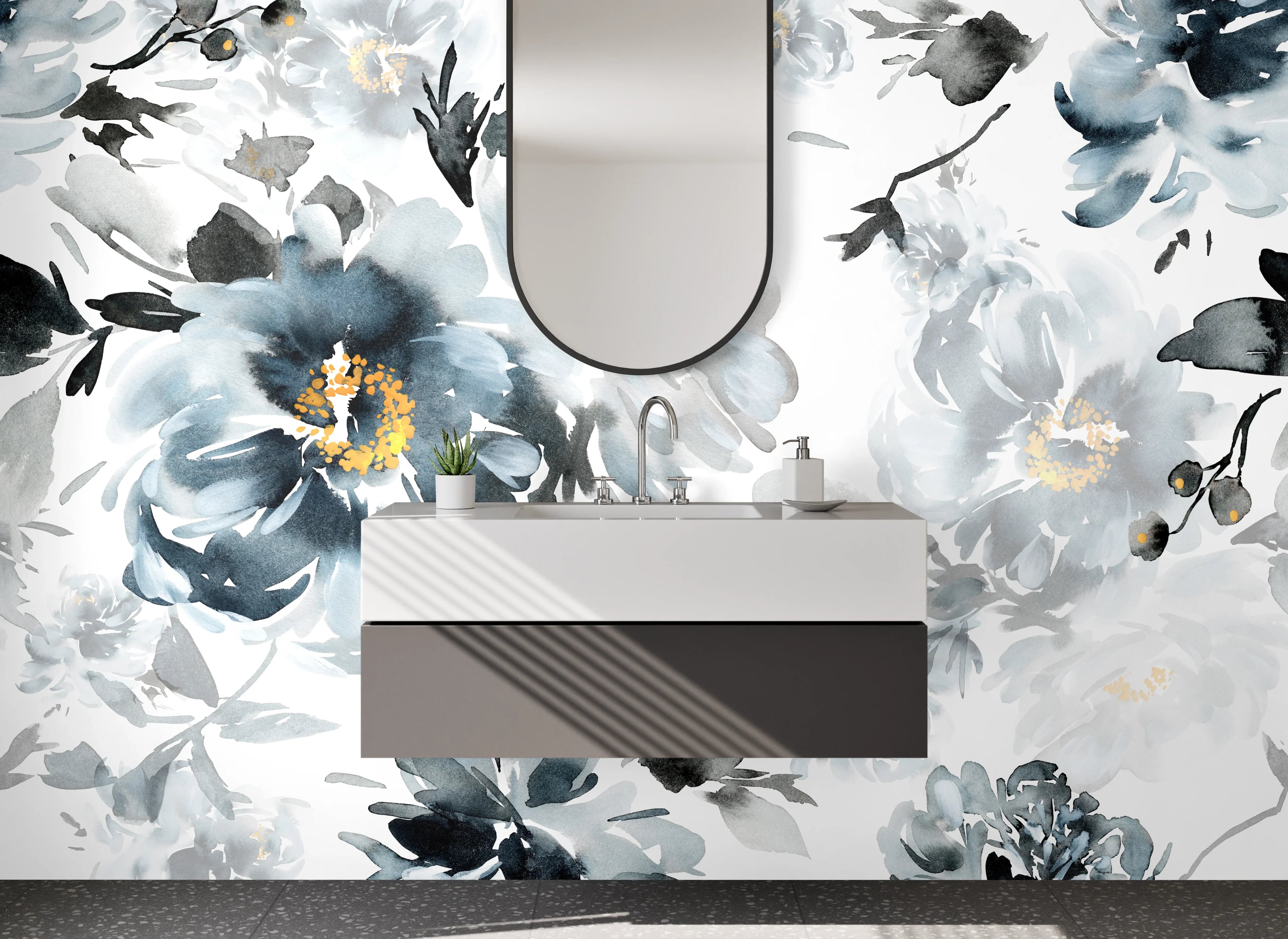 Waschbecken-Rückwand - Aquarell-Blüten in Grau und Weiß