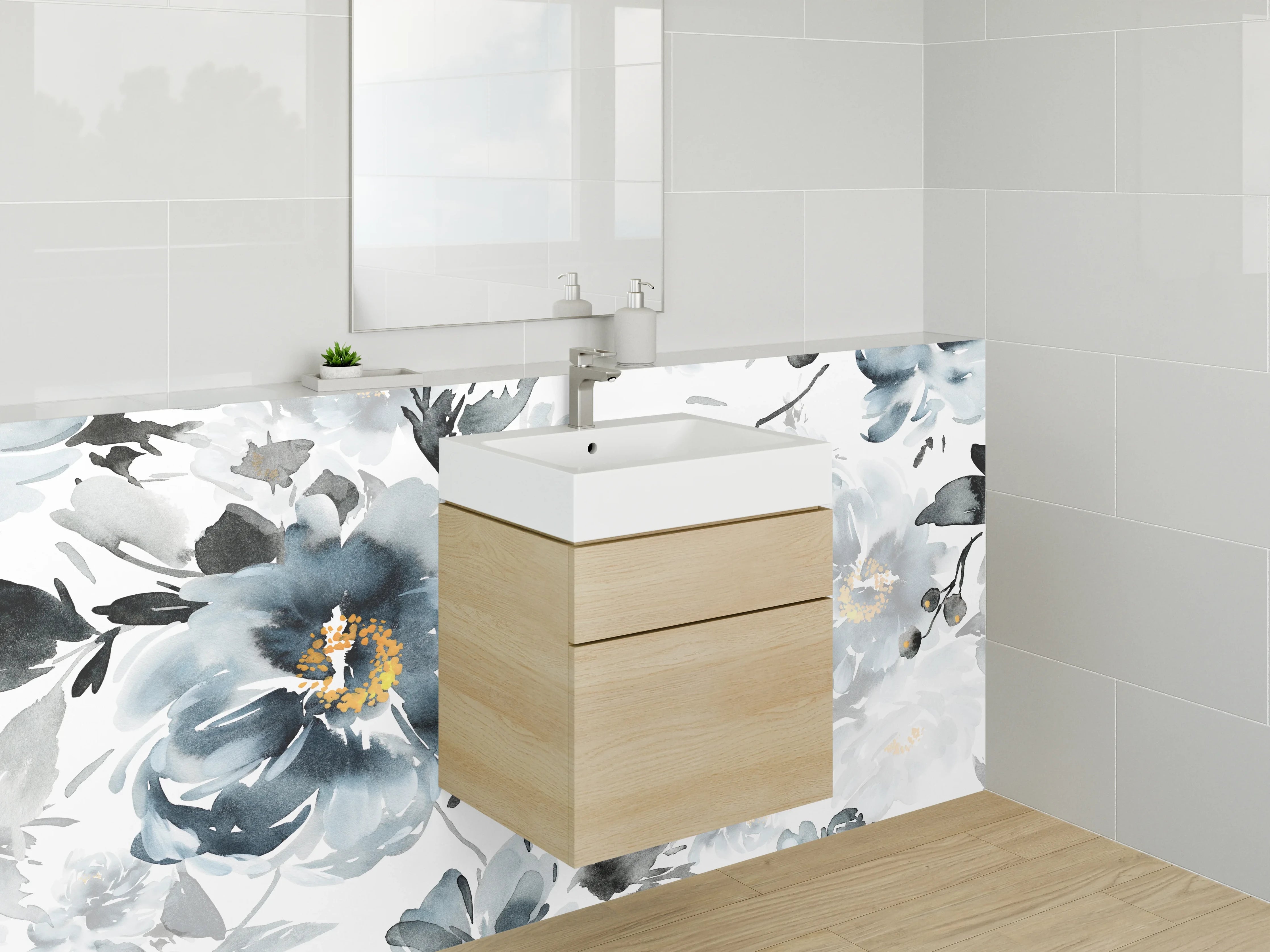 Waschbecken-Rückwand - Aquarell-Blüten in Grau und Weiß