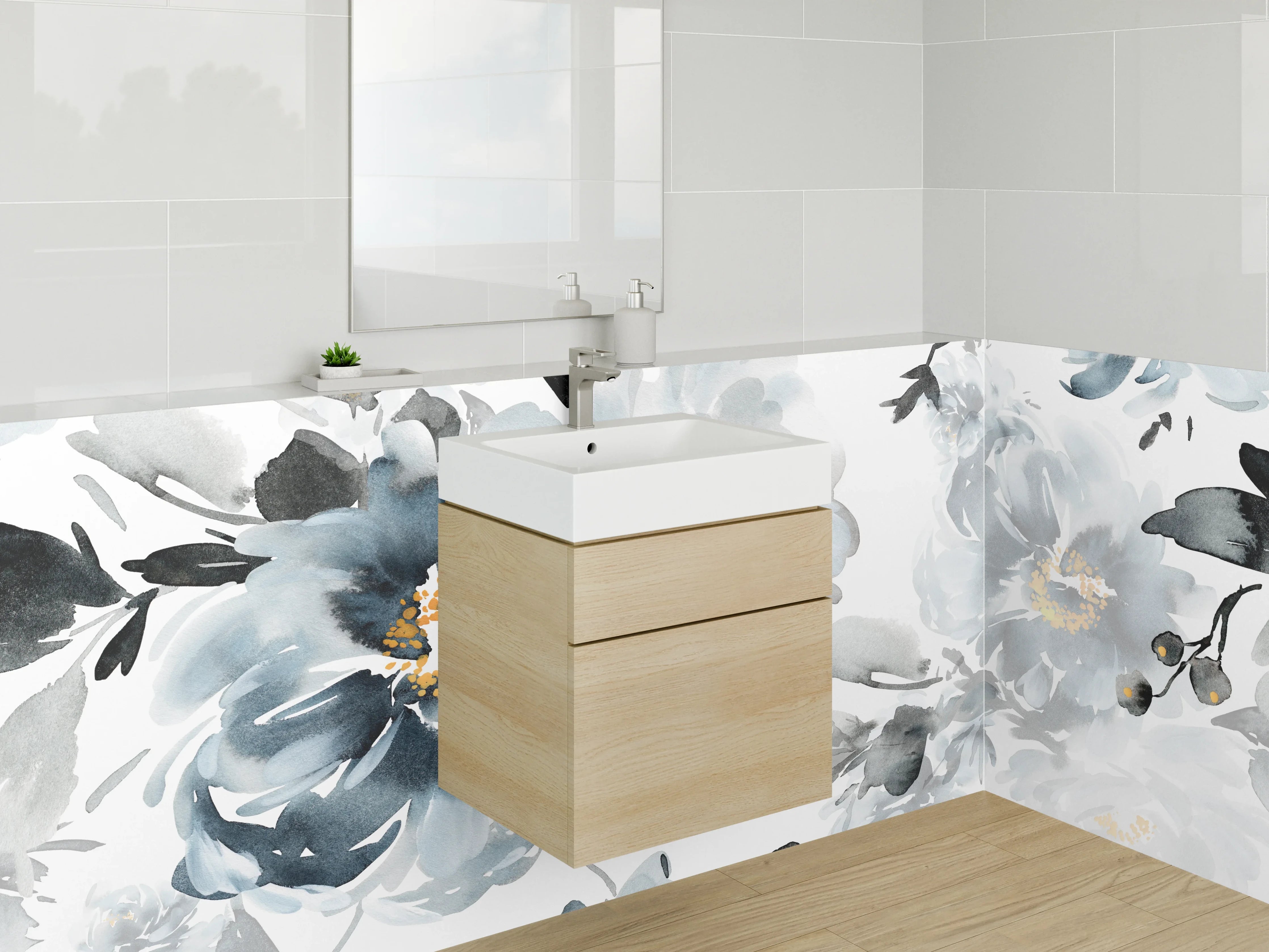 Waschbecken-Rückwand - Aquarell-Blüten in Grau und Weiß