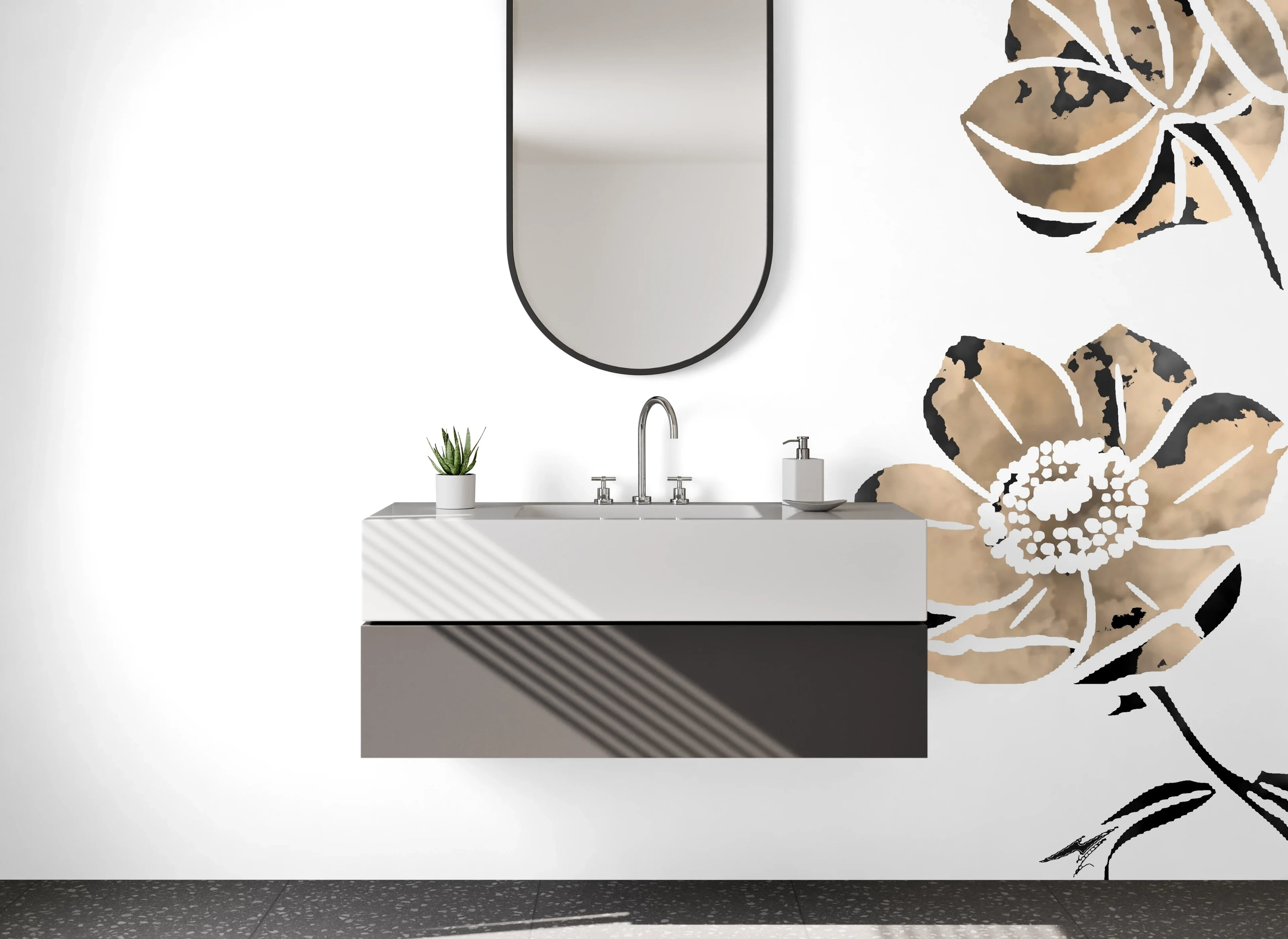 Waschbecken-Rückwand - Aquarell Blumen Beige Schwarz Weiß