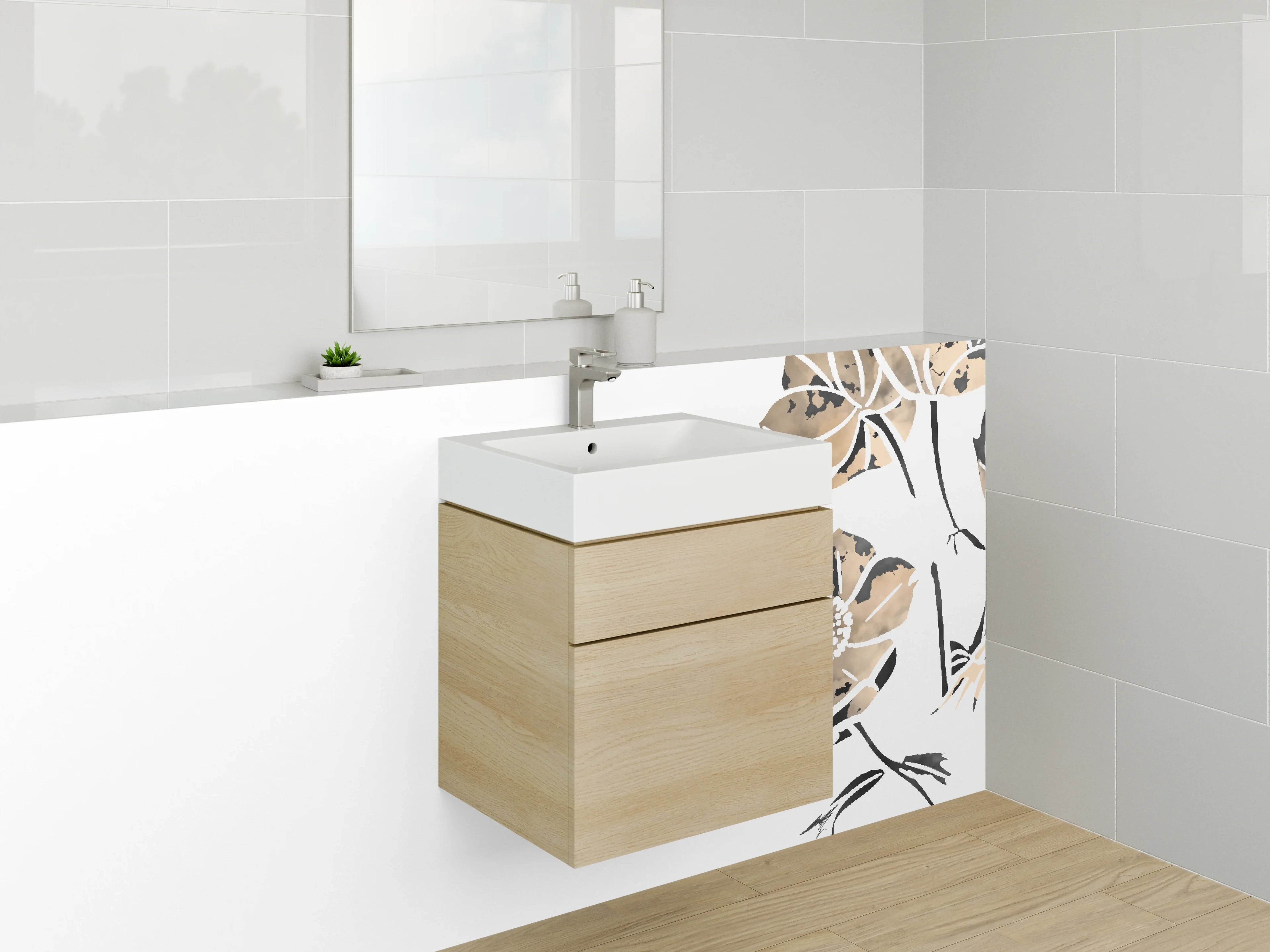 Waschbecken-Rückwand - Aquarell Blumen Beige Schwarz Weiß