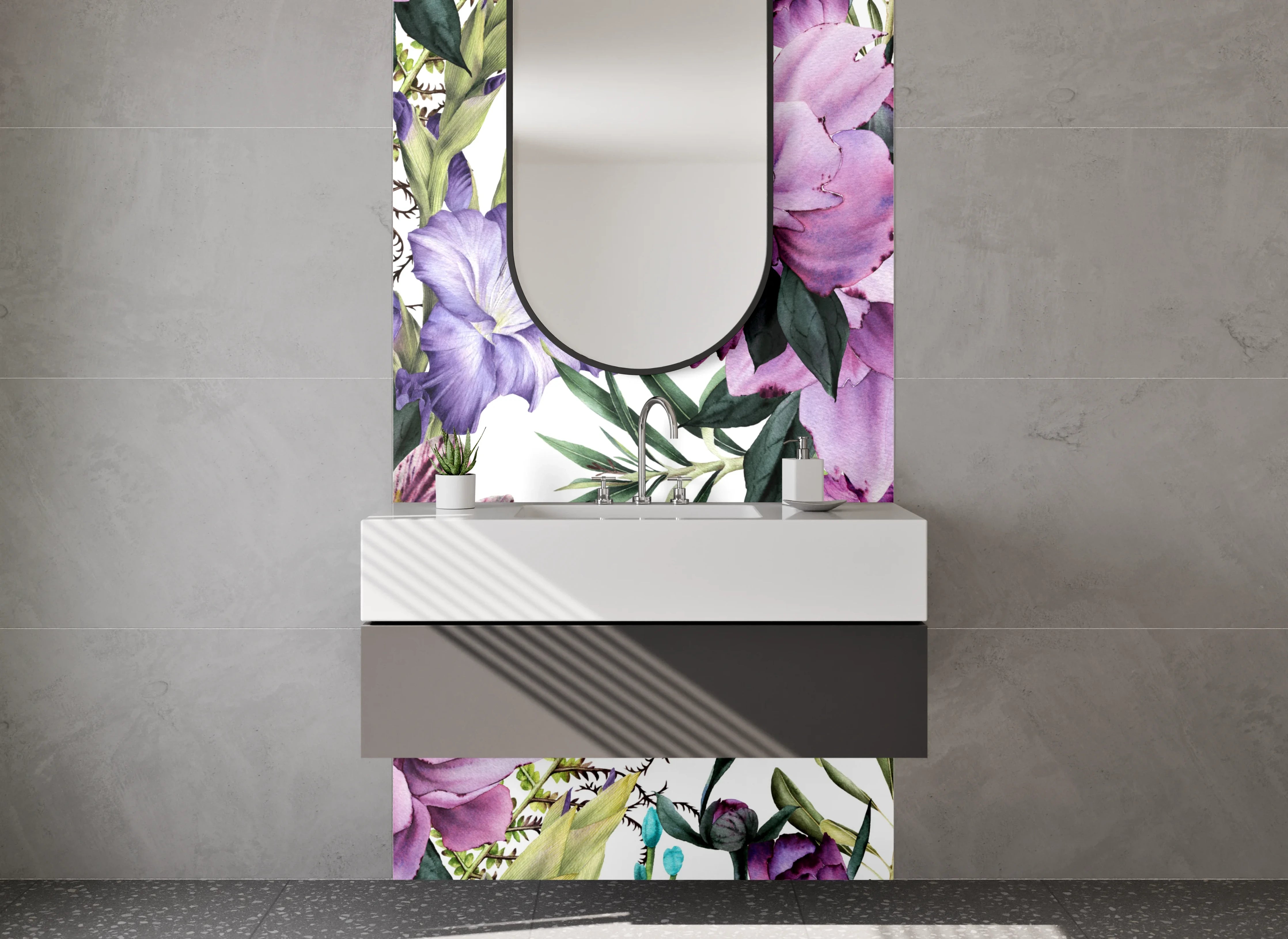 Waschbecken-Rückwand - Aquarell Blumen Lila Beige