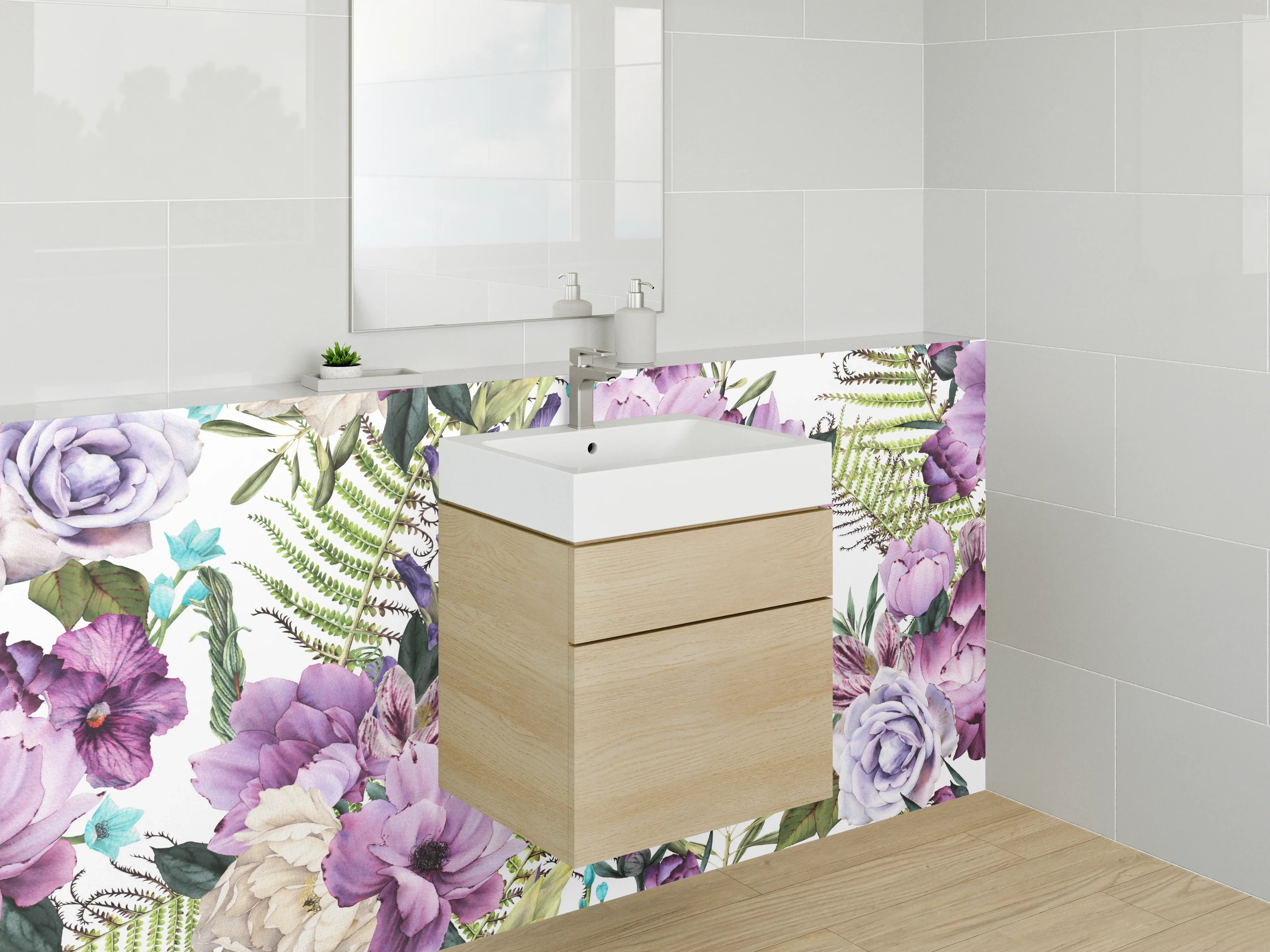 Waschbecken-Rückwand - Aquarell Blumen Lila Beige