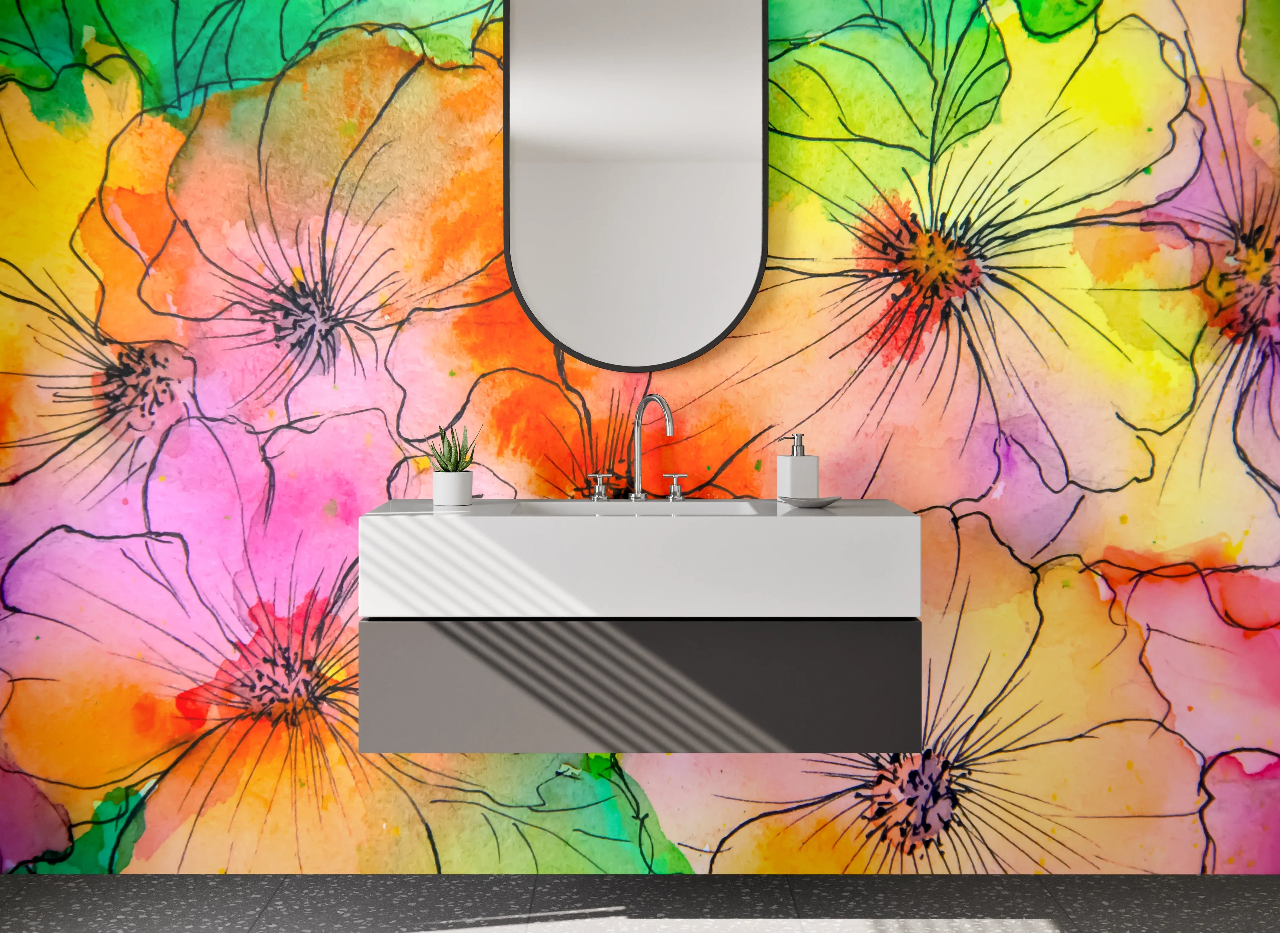 Waschbecken-Rückwand - Aquarell Blumen Lineart Bunt