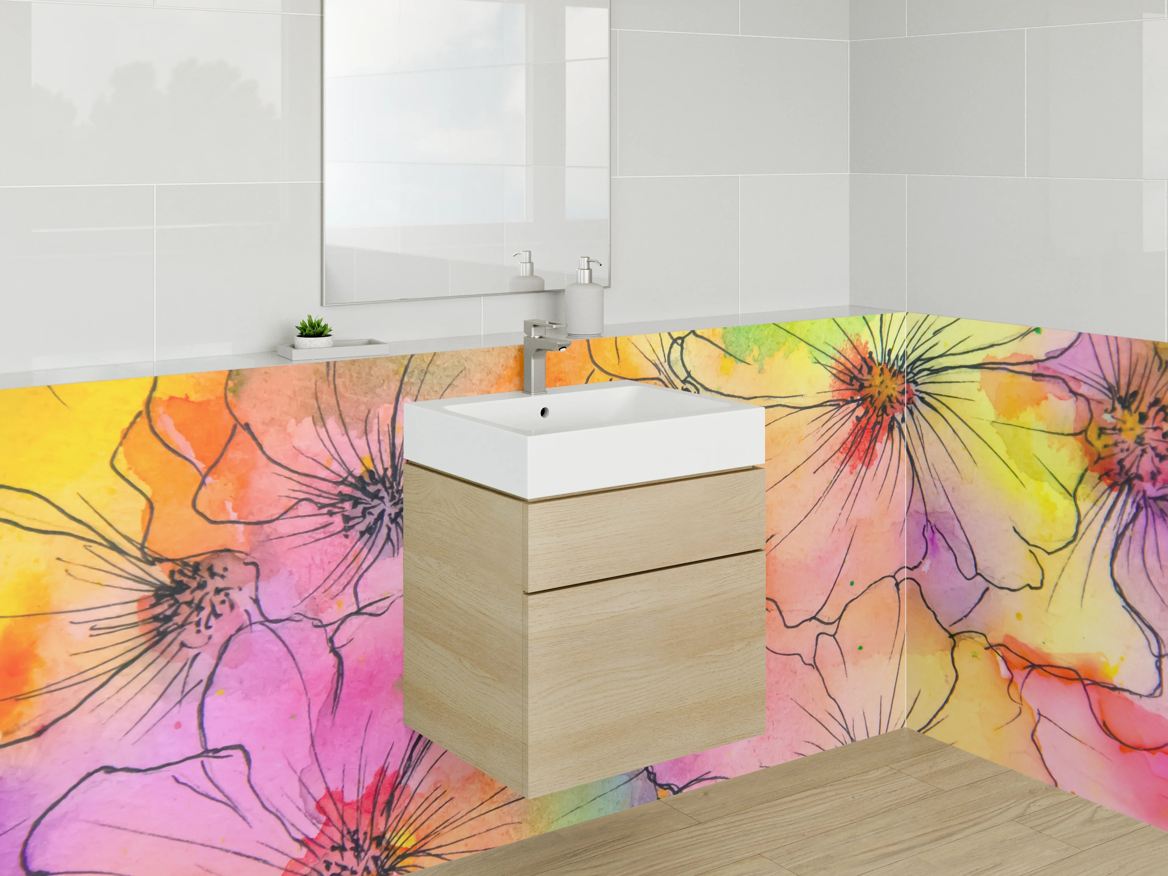 Waschbecken-Rückwand - Aquarell Blumen Lineart Bunt