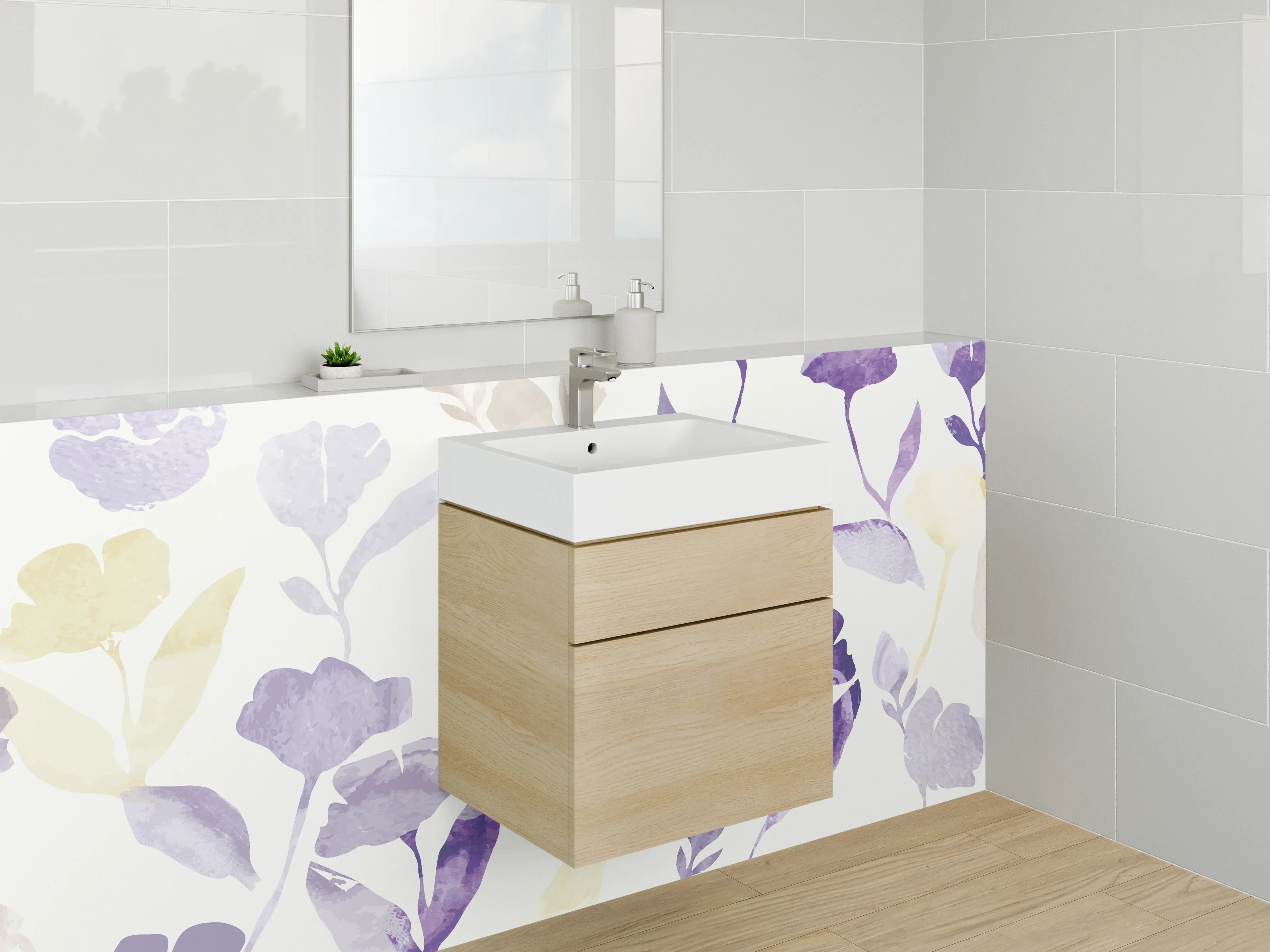 Waschbecken-Rückwand - Aquarell Blumen Pastell Lila Beige