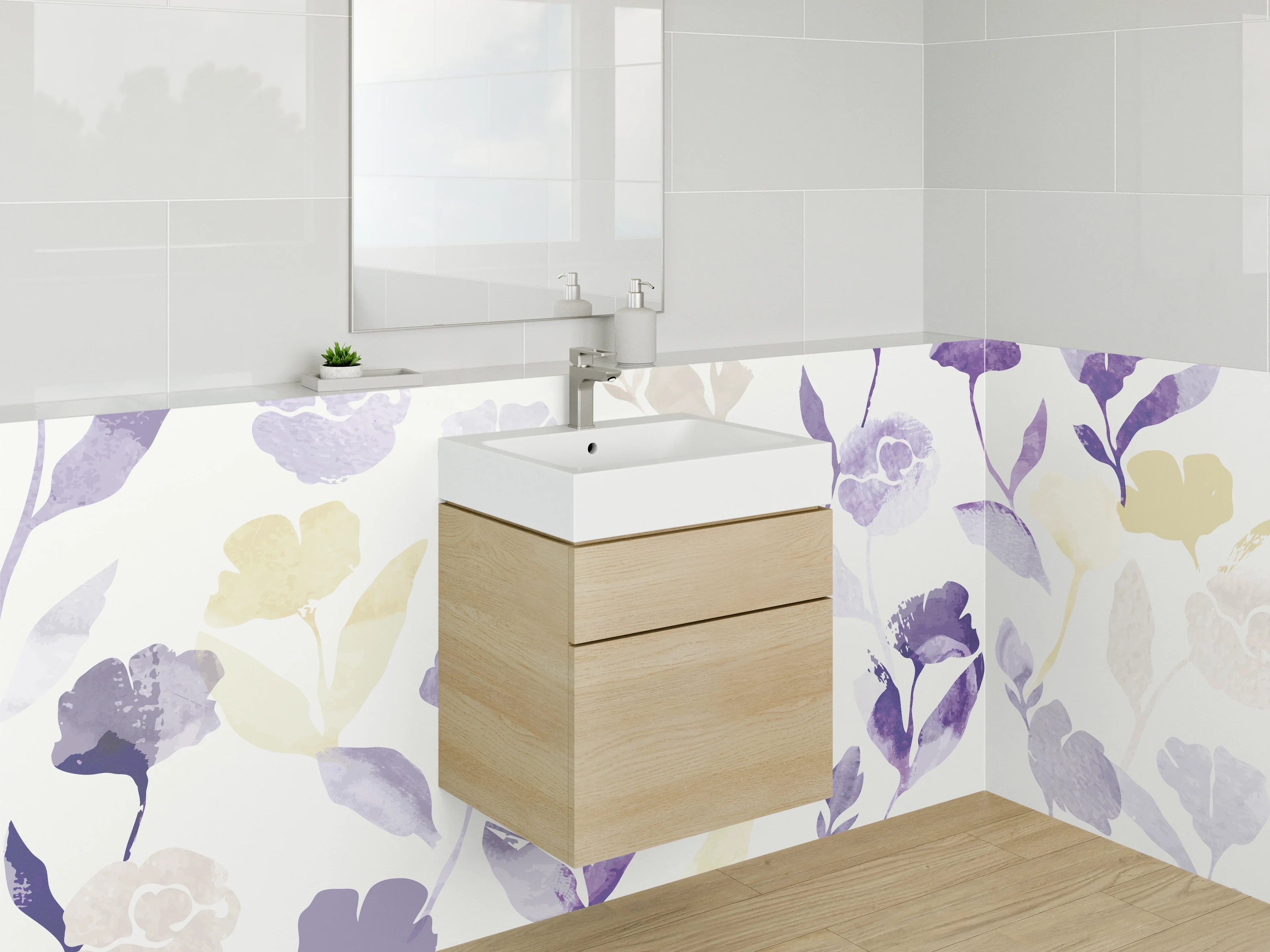 Waschbecken-Rückwand - Aquarell Blumen Pastell Lila Beige