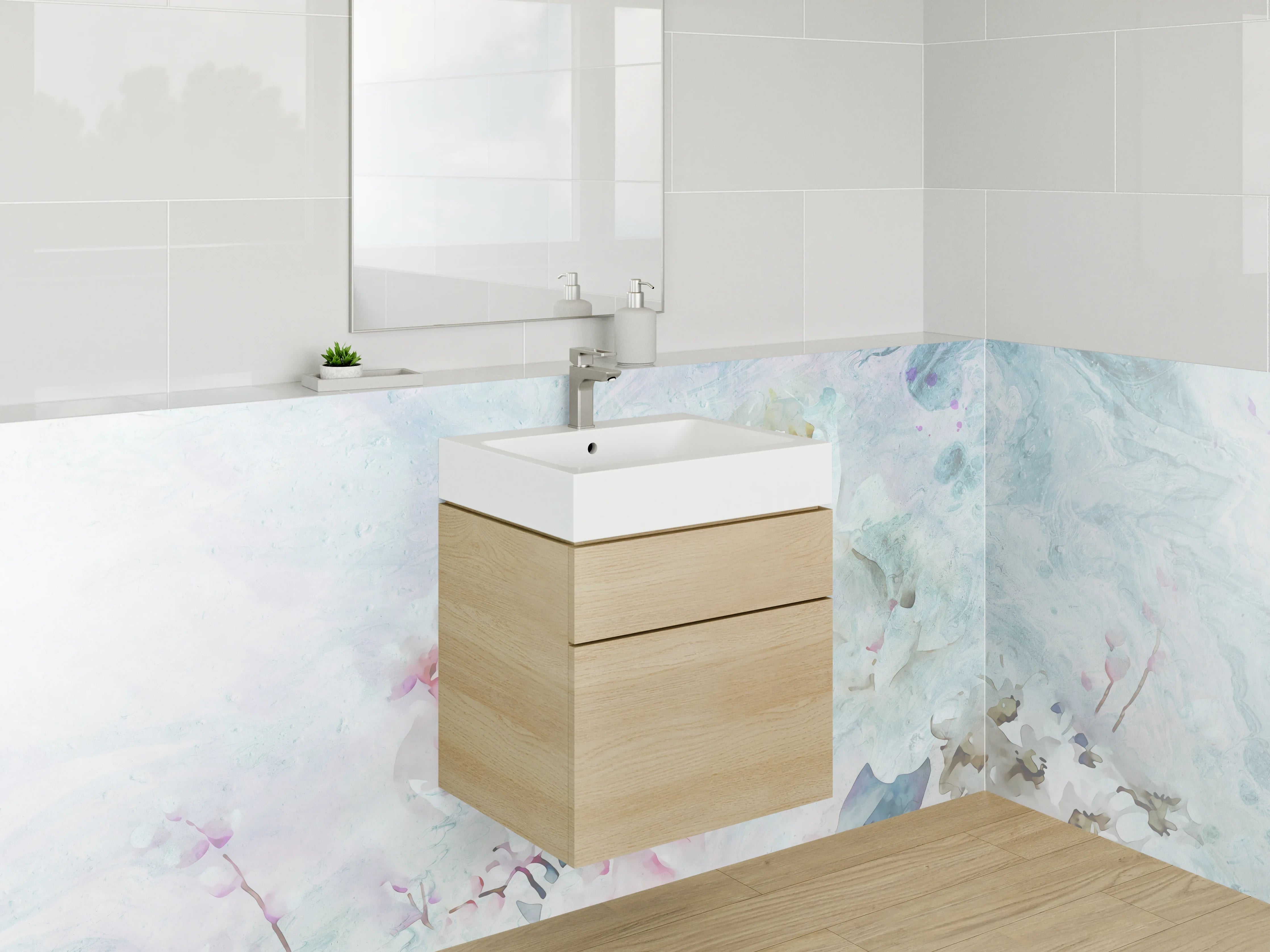 Waschbecken-Rückwand - Aquarell Blumen Pastell Marmoroptik