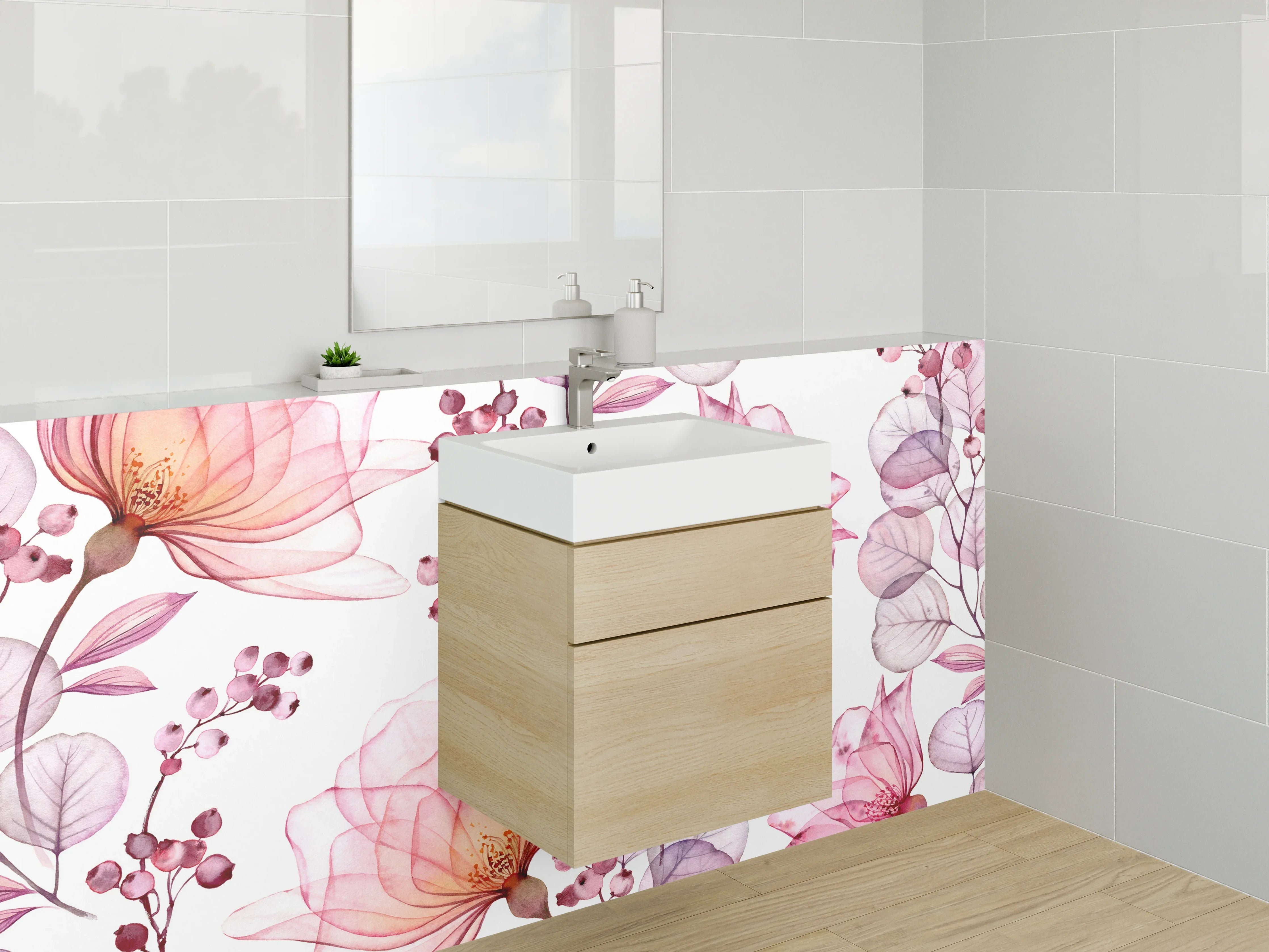 Waschbecken-Rückwand - Aquarell Blumen Rosa Design