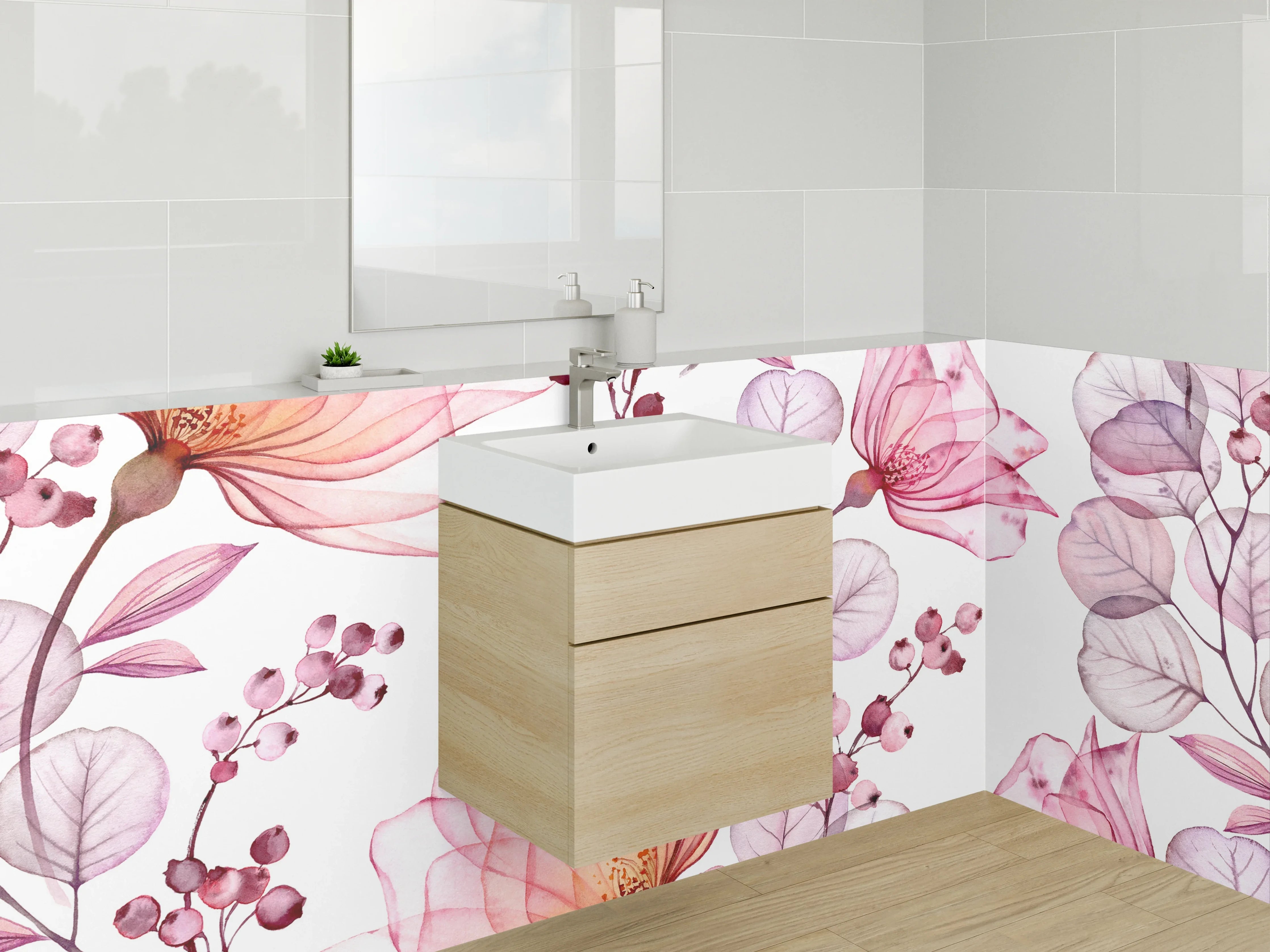 Waschbecken-Rückwand - Aquarell Blumen Rosa Design