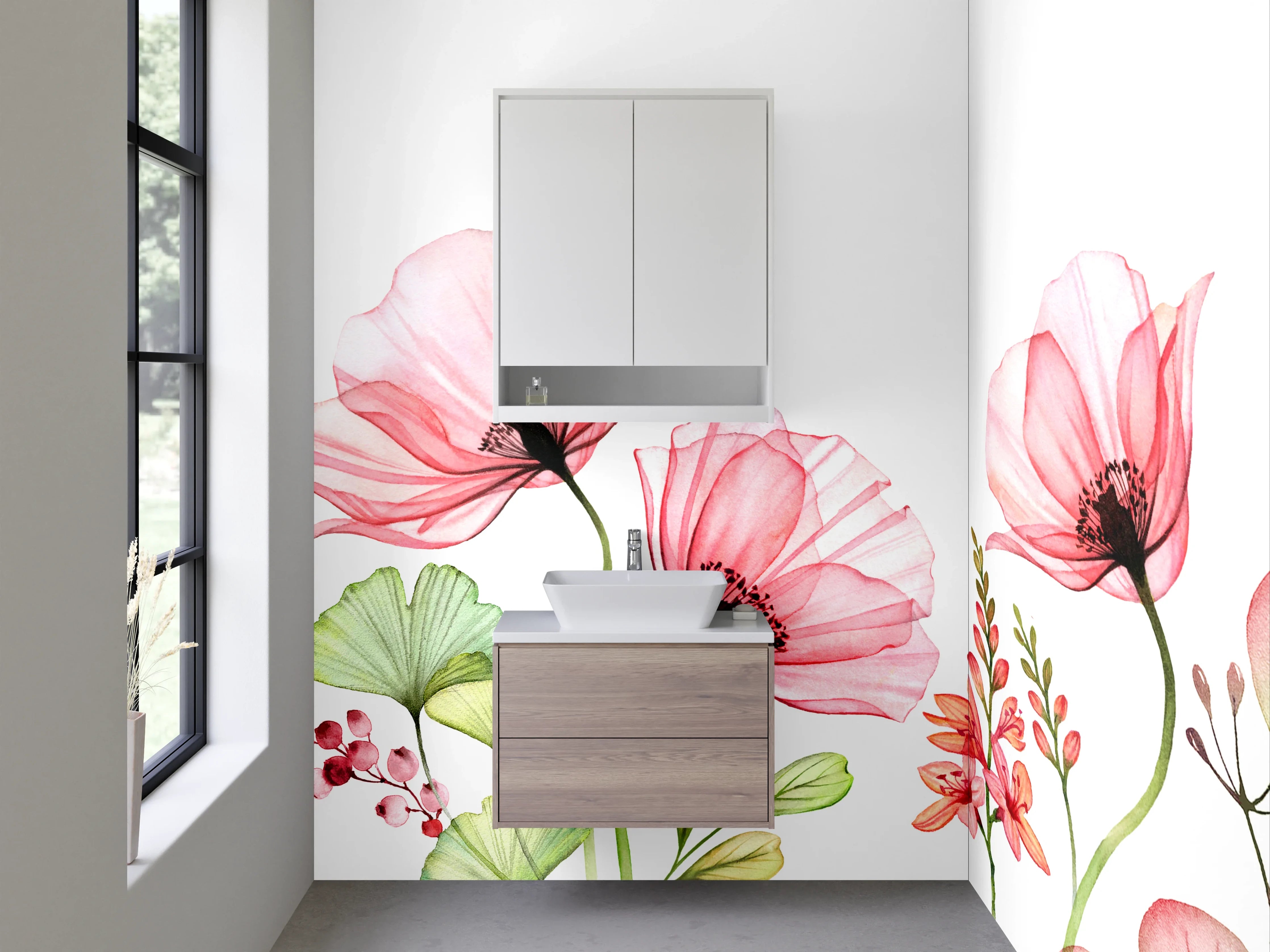 Waschbecken-Rückwand - Aquarell Blumen Rosa Ginkgo