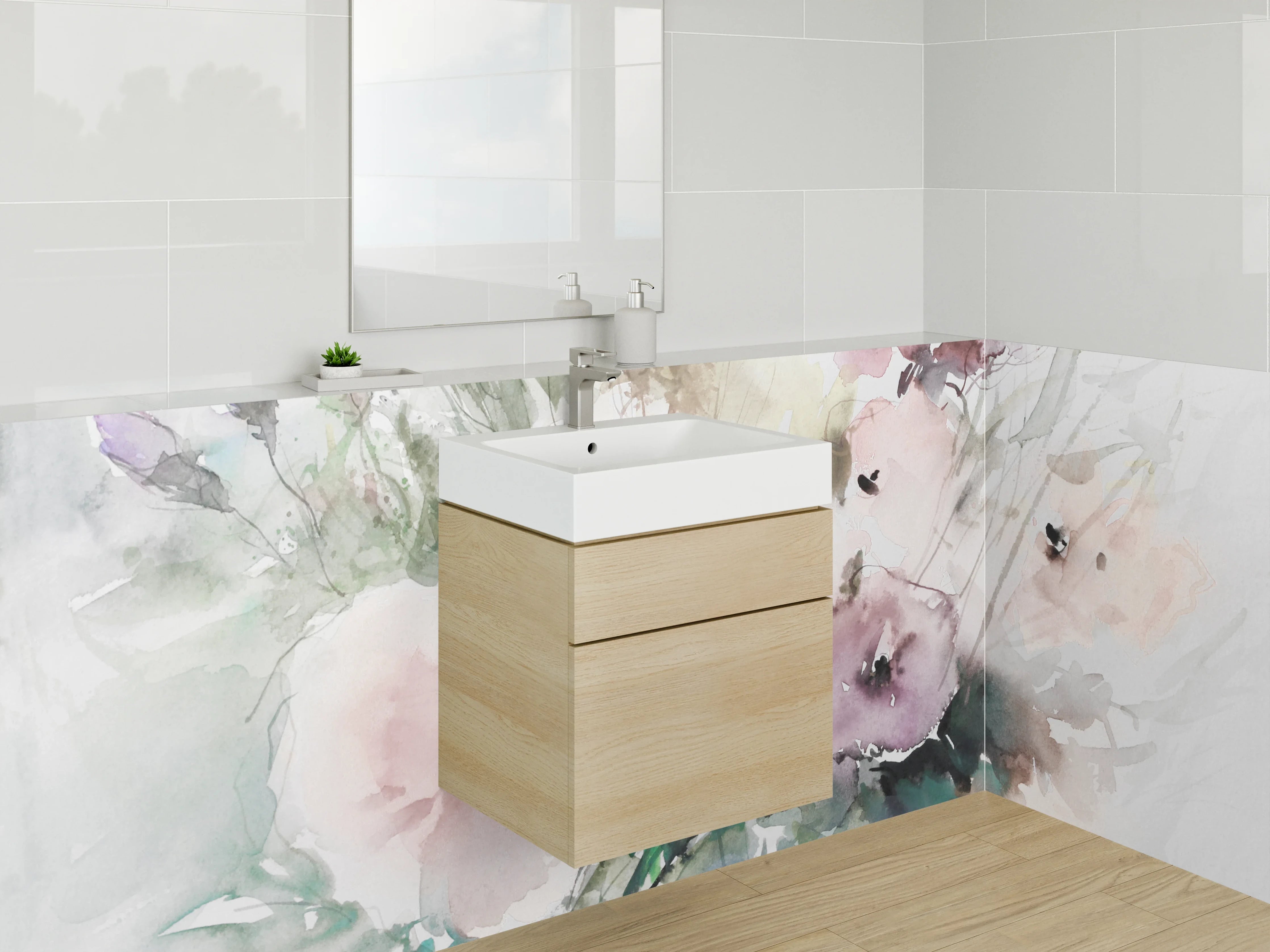 Waschbecken-Rückwand - Aquarell Blumen Rosa Weiß
