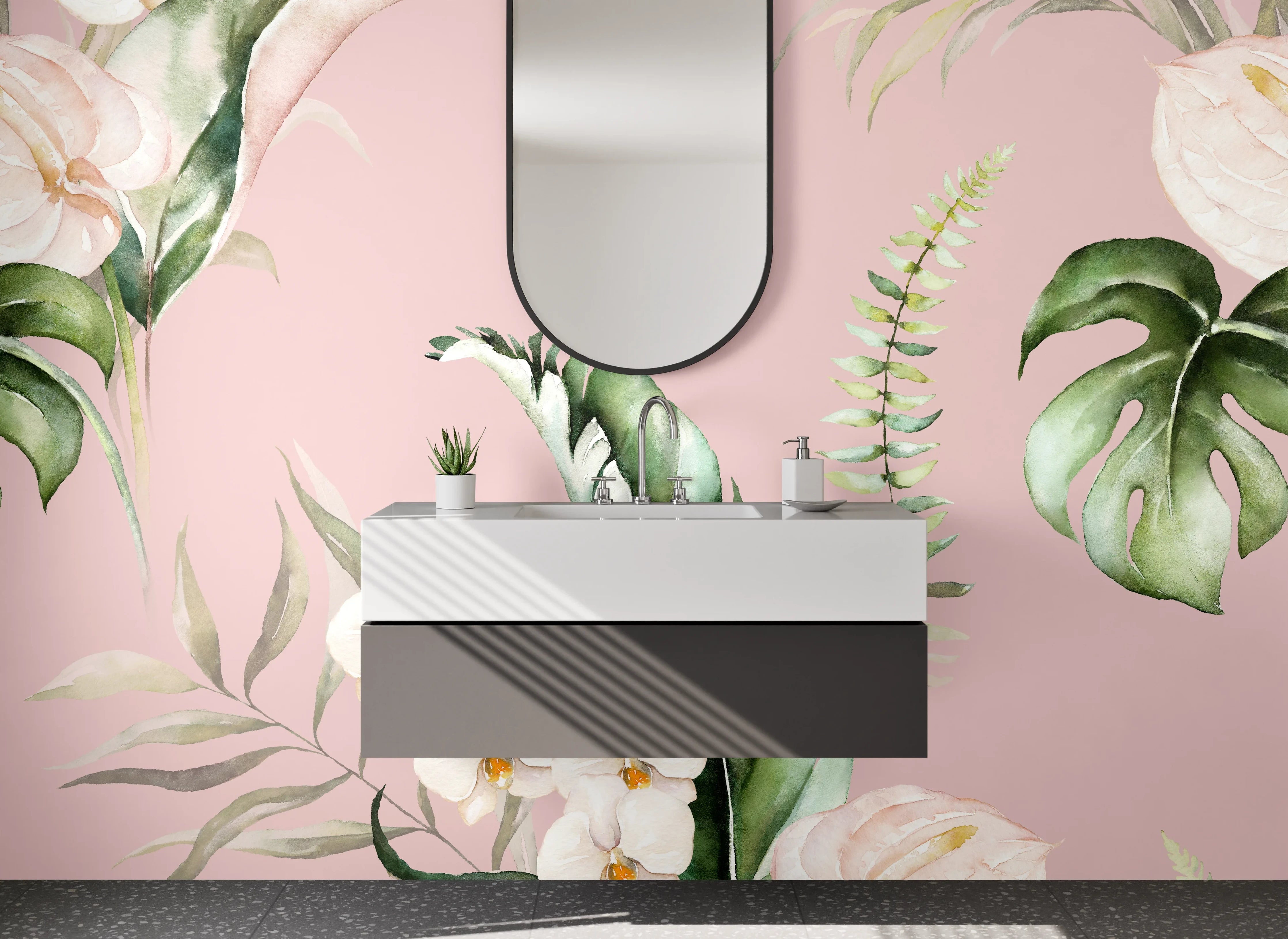 Waschbecken-Rückwand - Aquarell Blumen Tropisch Rosa