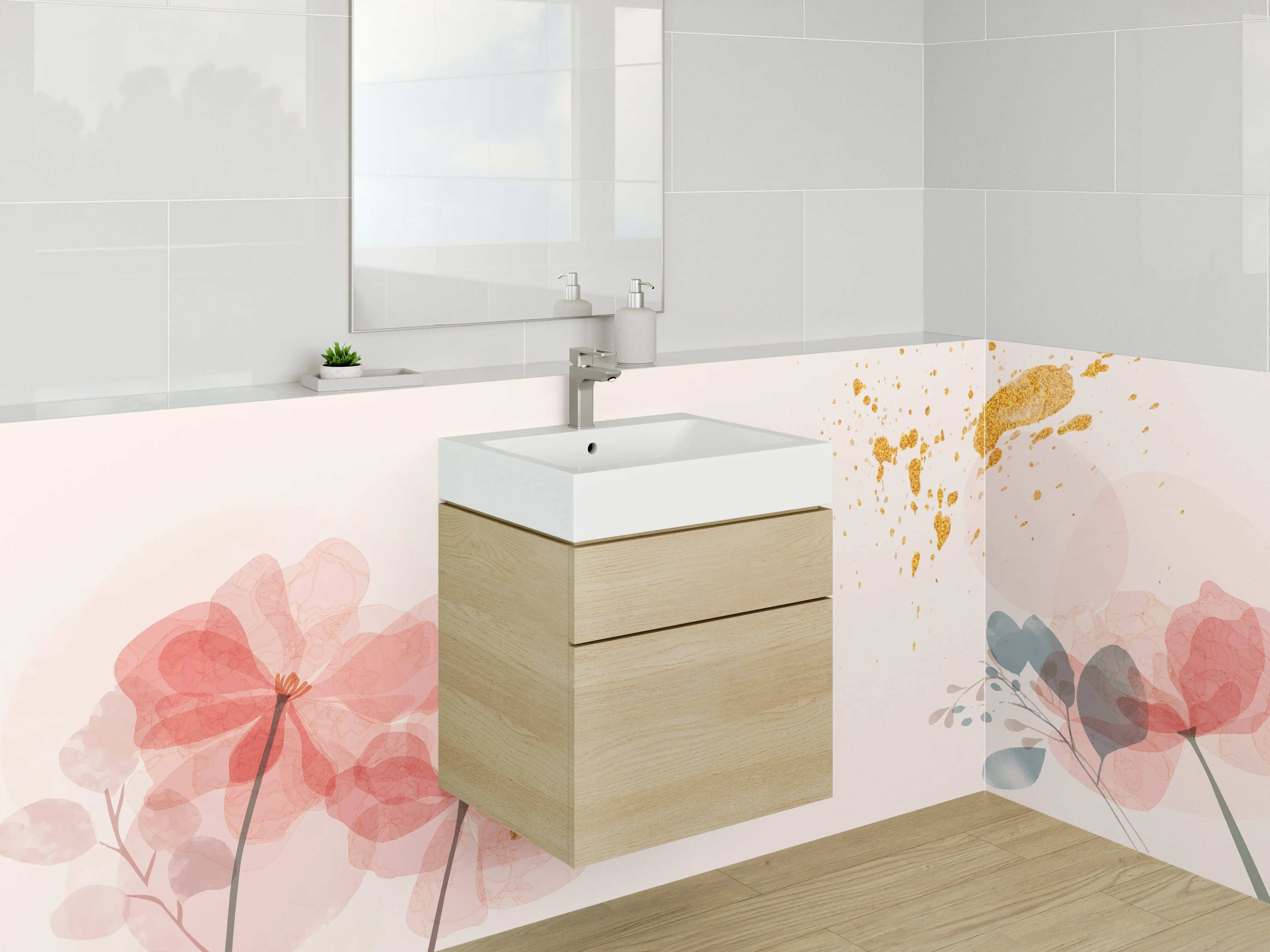 Waschbecken-Rückwand - Aquarell Blumen & Goldspritzer Kunst