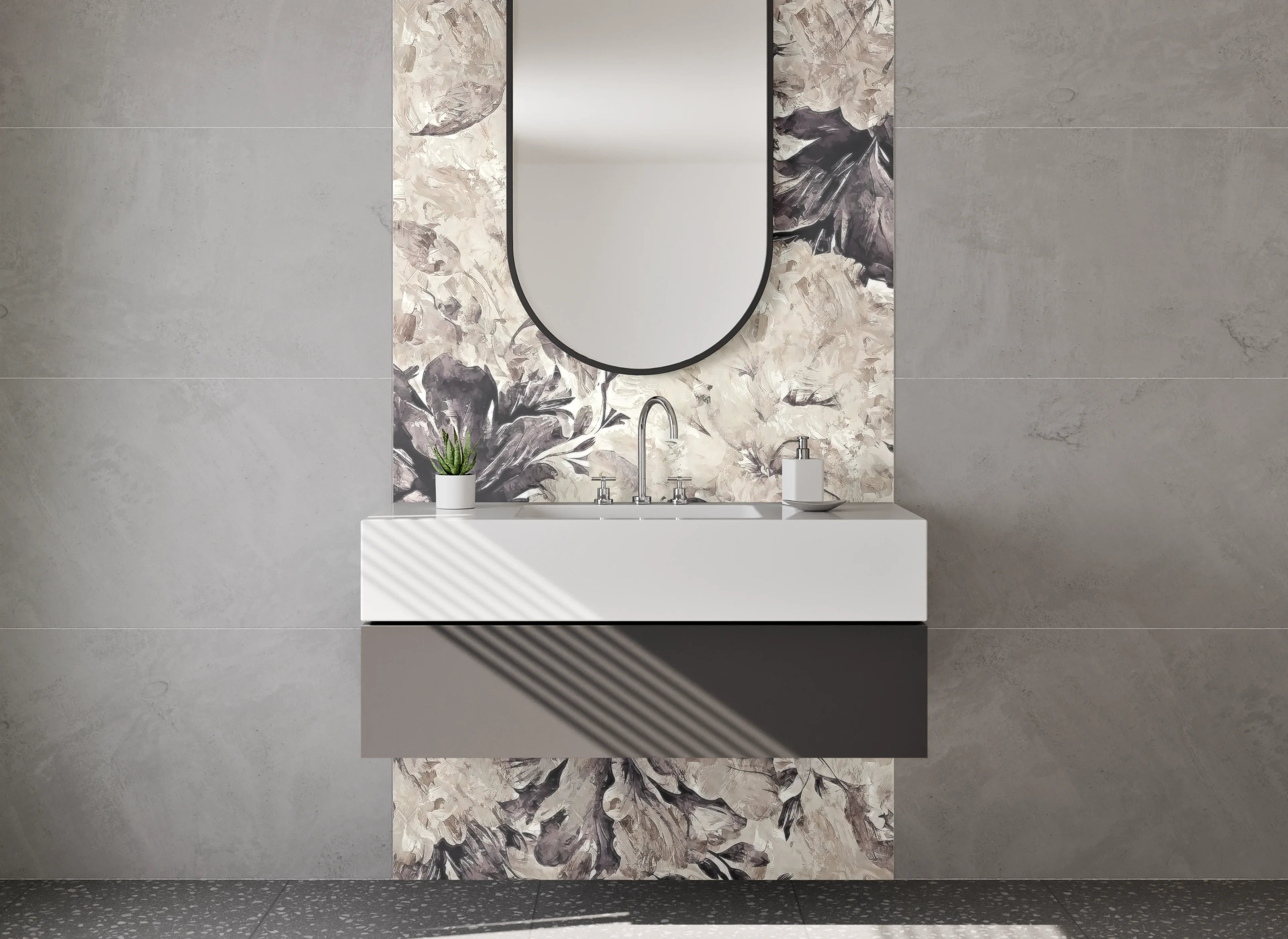 Waschbecken-Rückwand - Aquarell Blumen in Beige-Grau