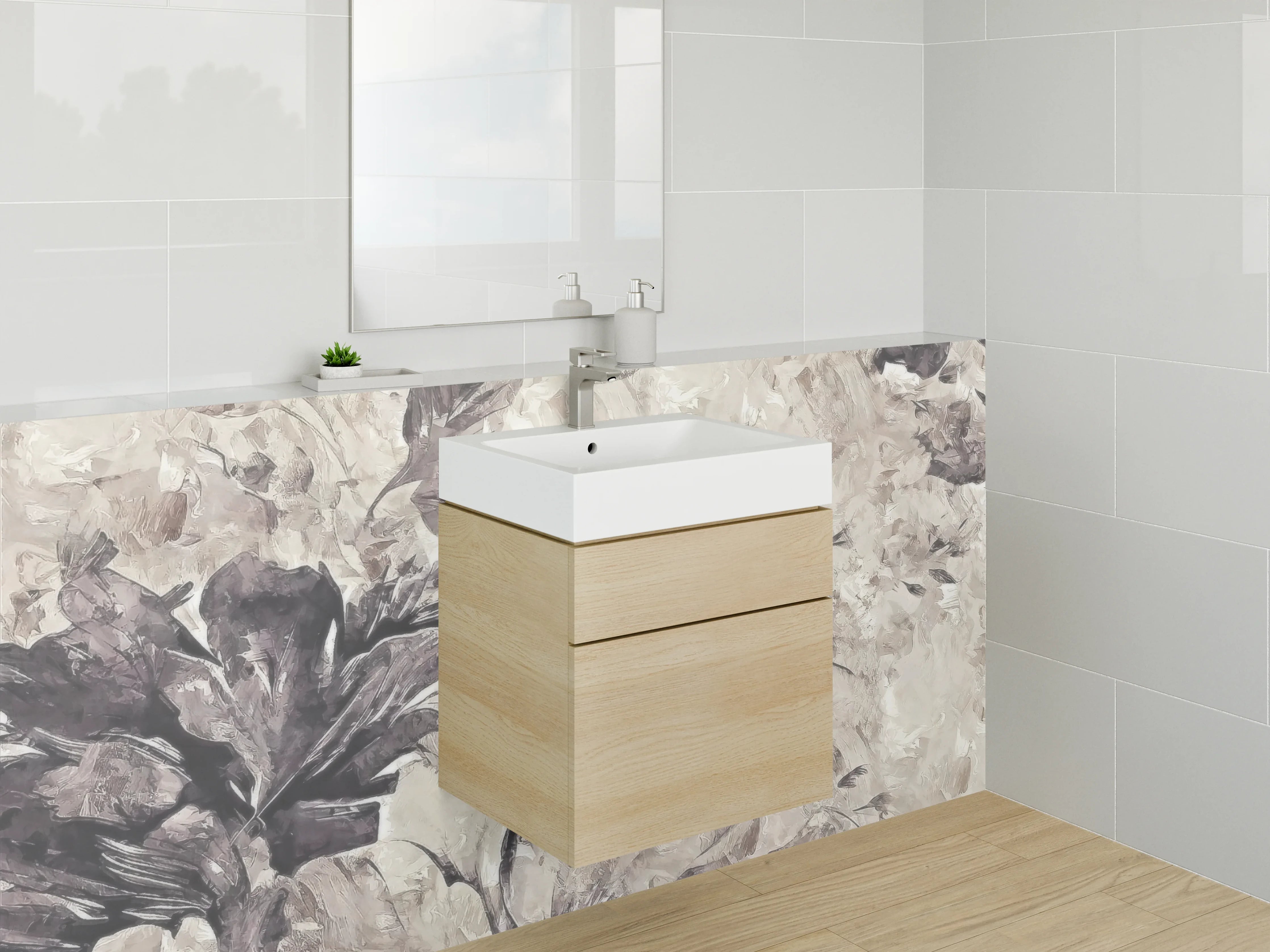 Waschbecken-Rückwand - Aquarell Blumen in Beige-Grau