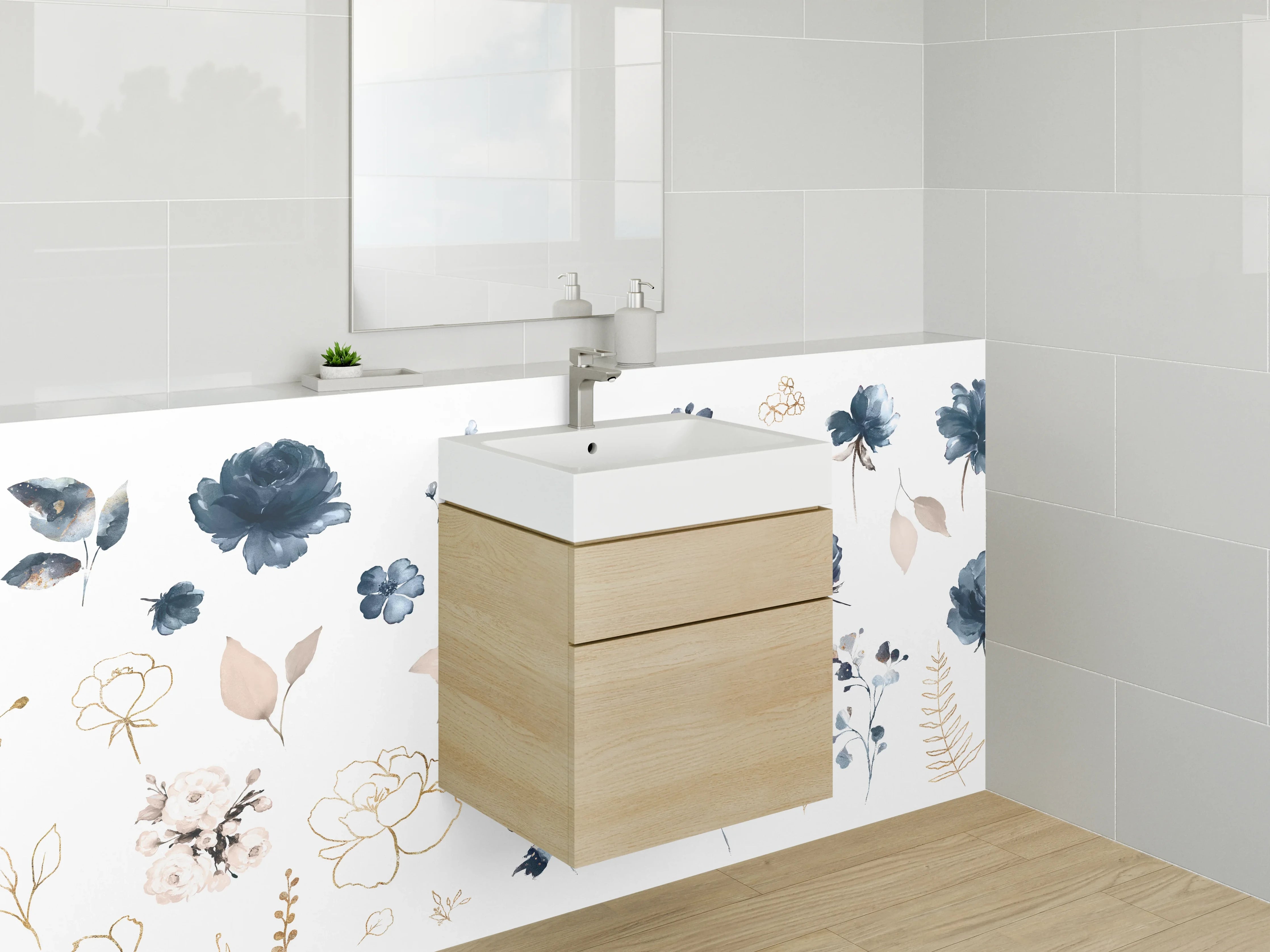 Waschbecken-Rückwand - Aquarell Blumen in Blau und Beige