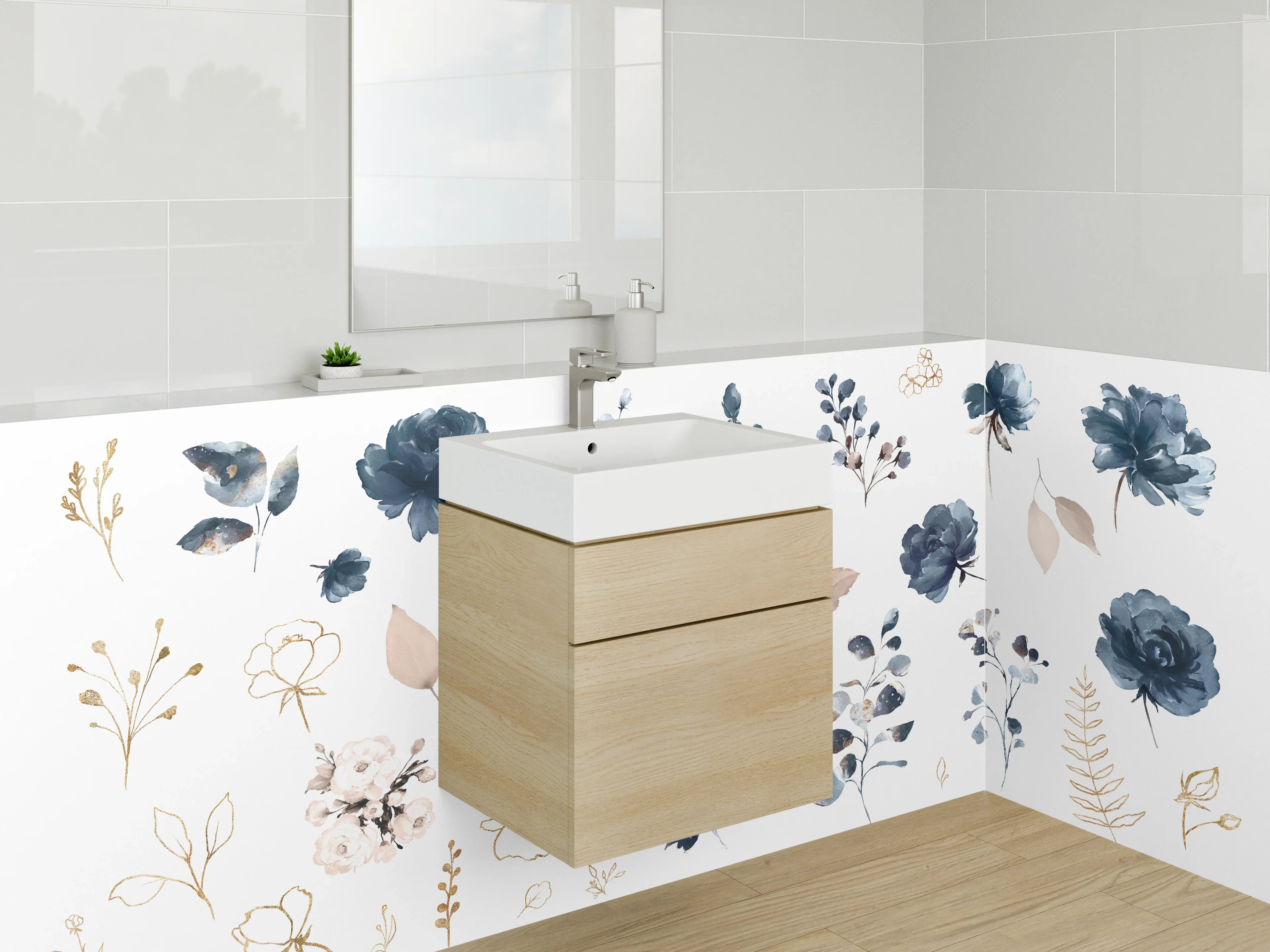 Waschbecken-Rückwand - Aquarell Blumen in Blau und Beige