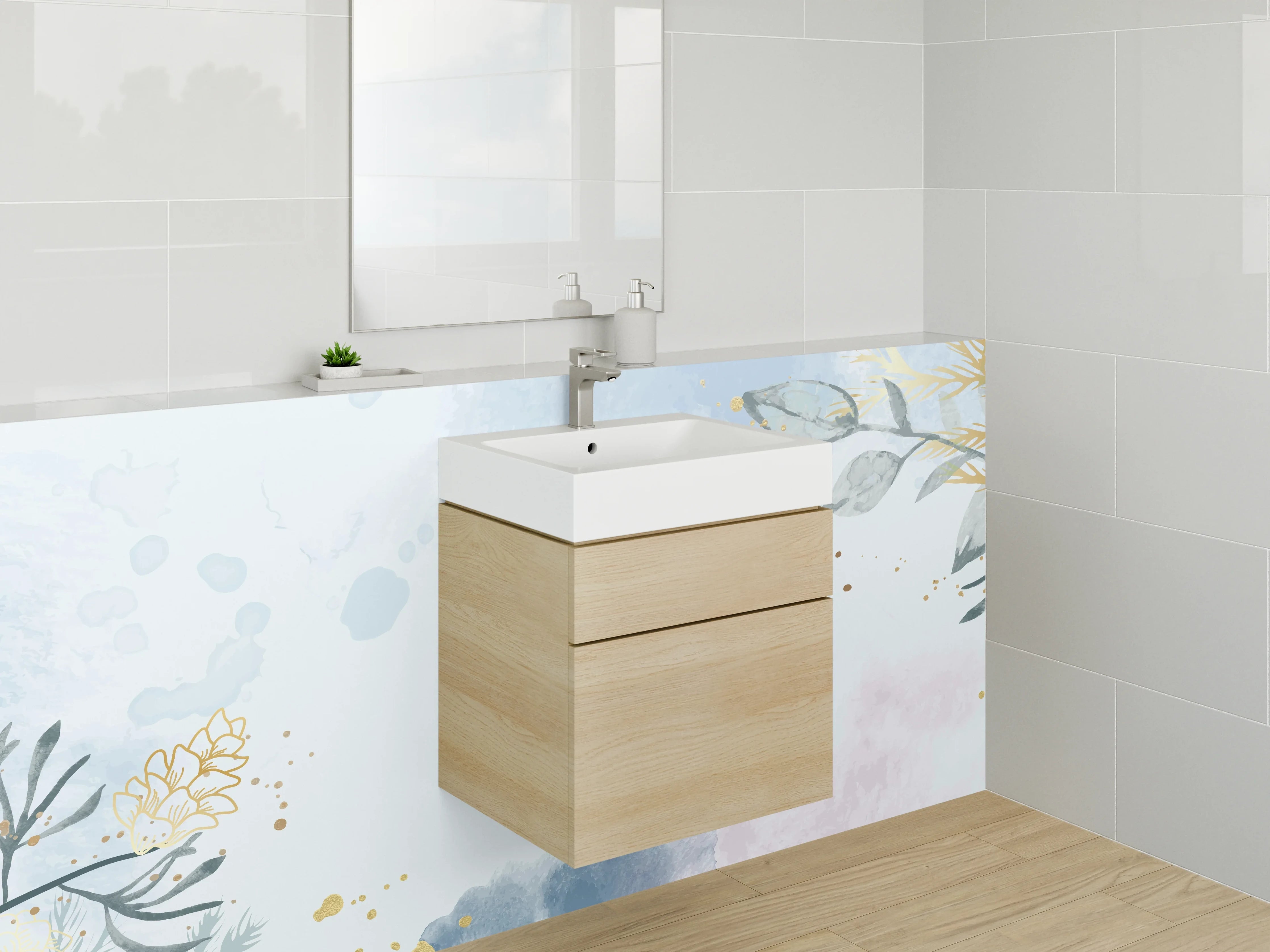 Waschbecken-Rückwand - Aquarell Blumen und Blätter Dekor