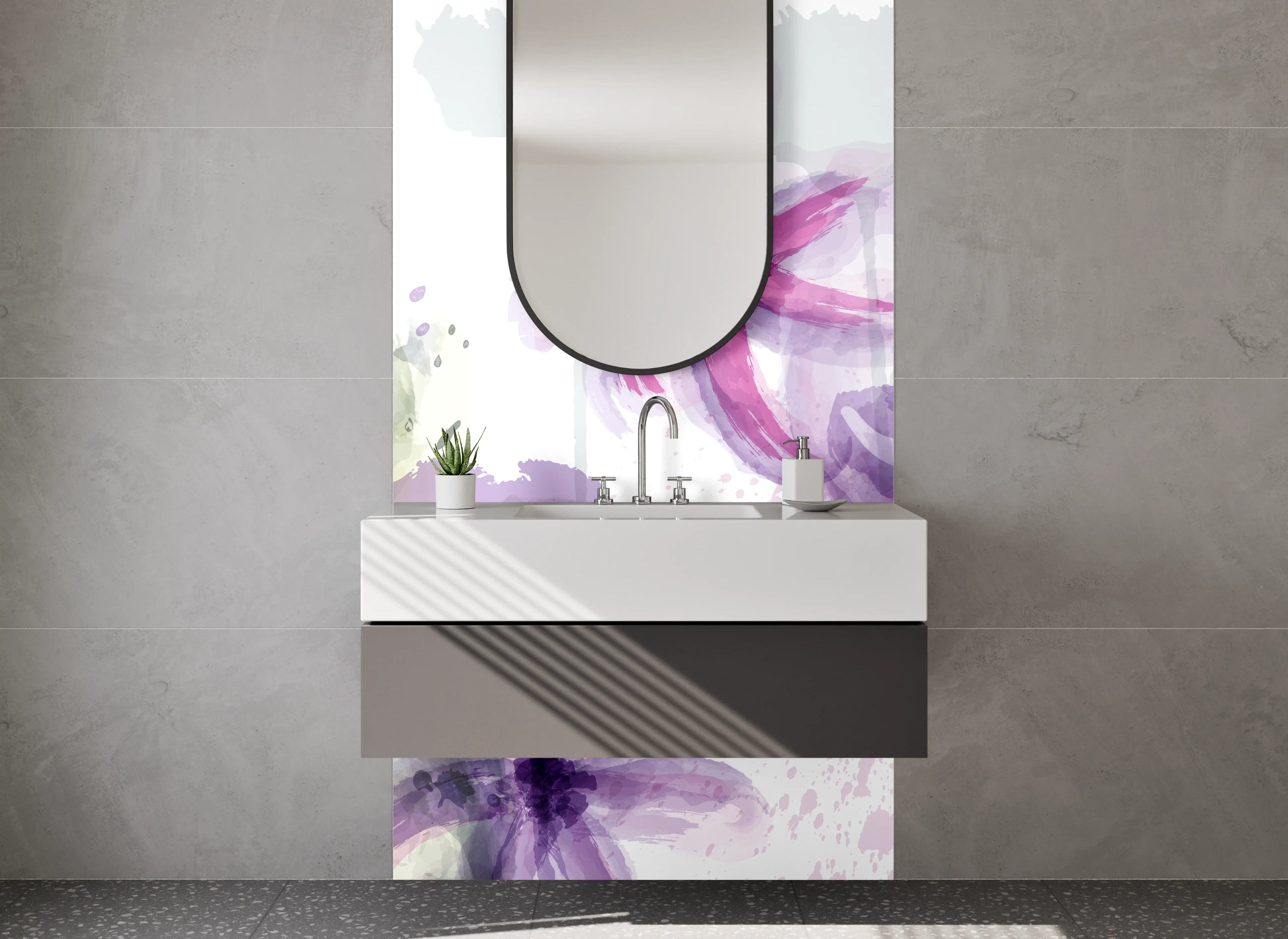 Waschbecken-Rückwand - Aquarell Blumenmuster in Lila und Grün