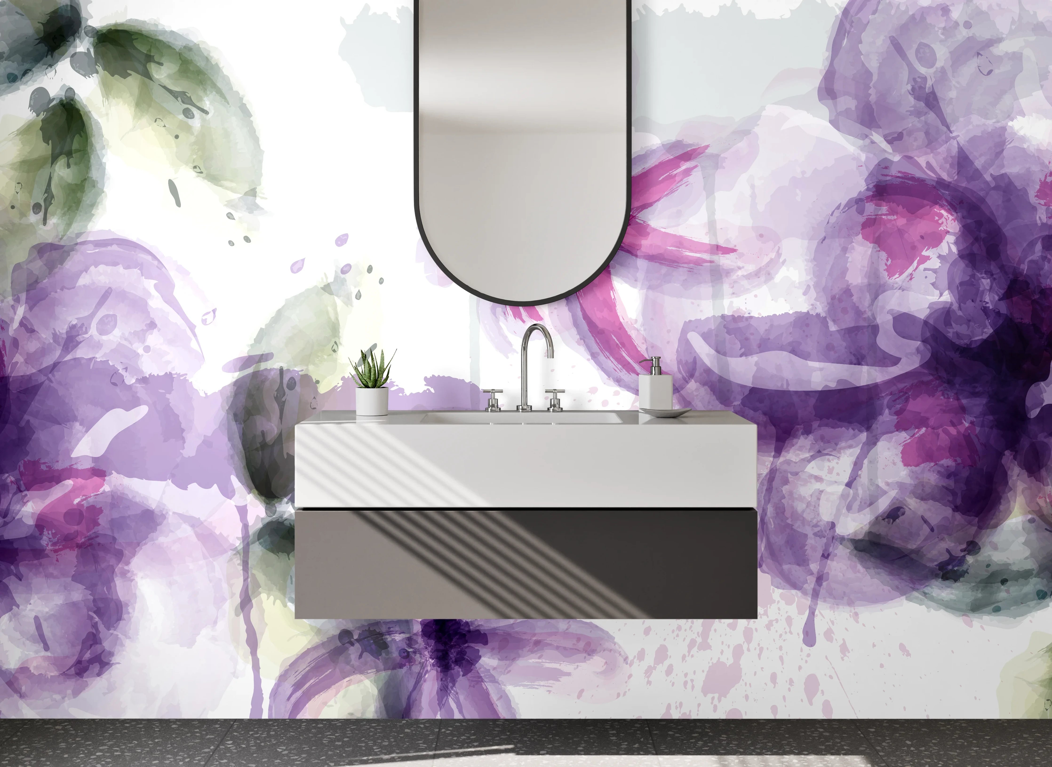 Waschbecken-Rückwand - Aquarell Blumenmuster in Lila und Grün