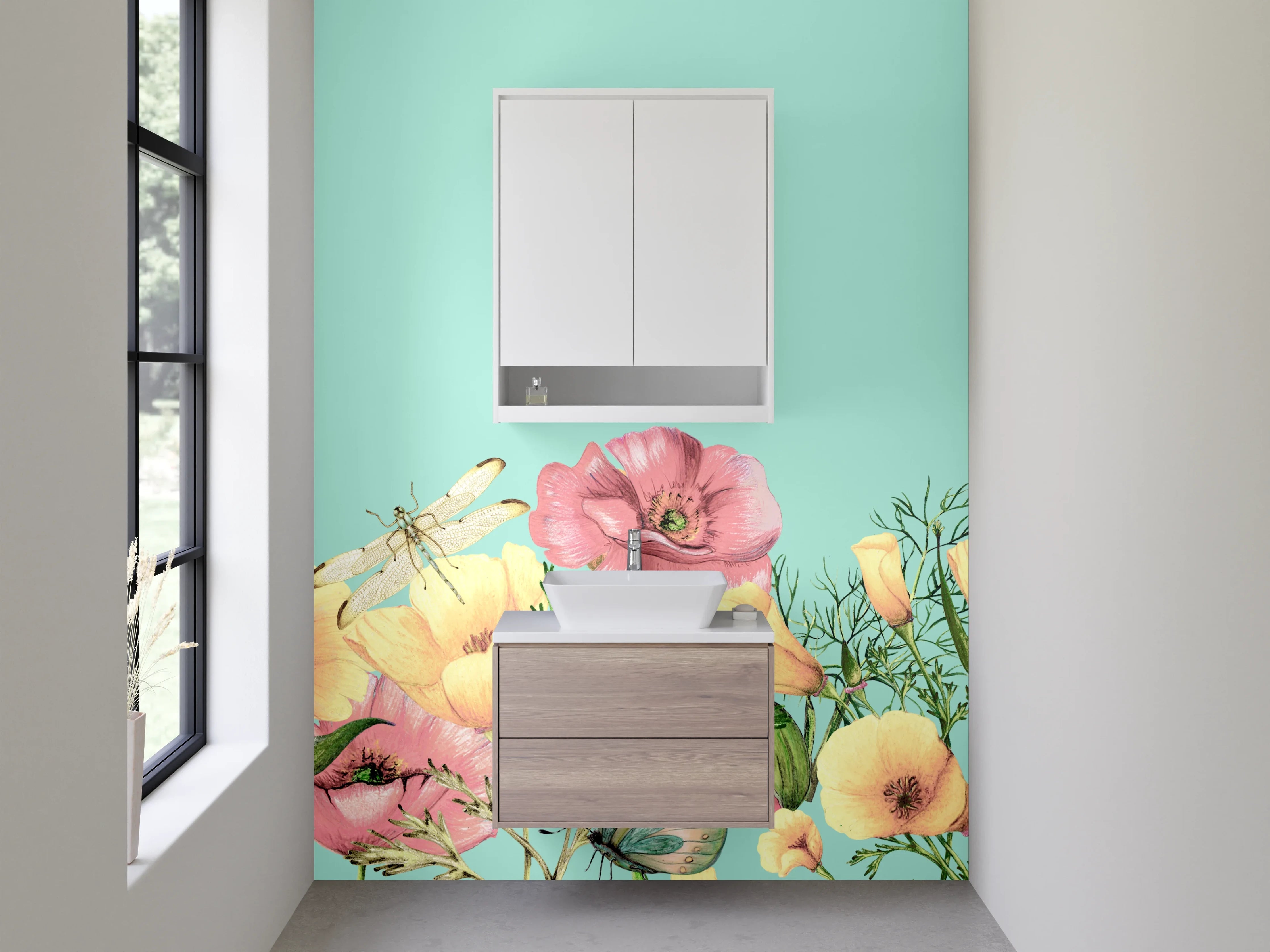 Waschbecken-Rückwand - Aquarell Blumenwiese mit Schmetterlingen