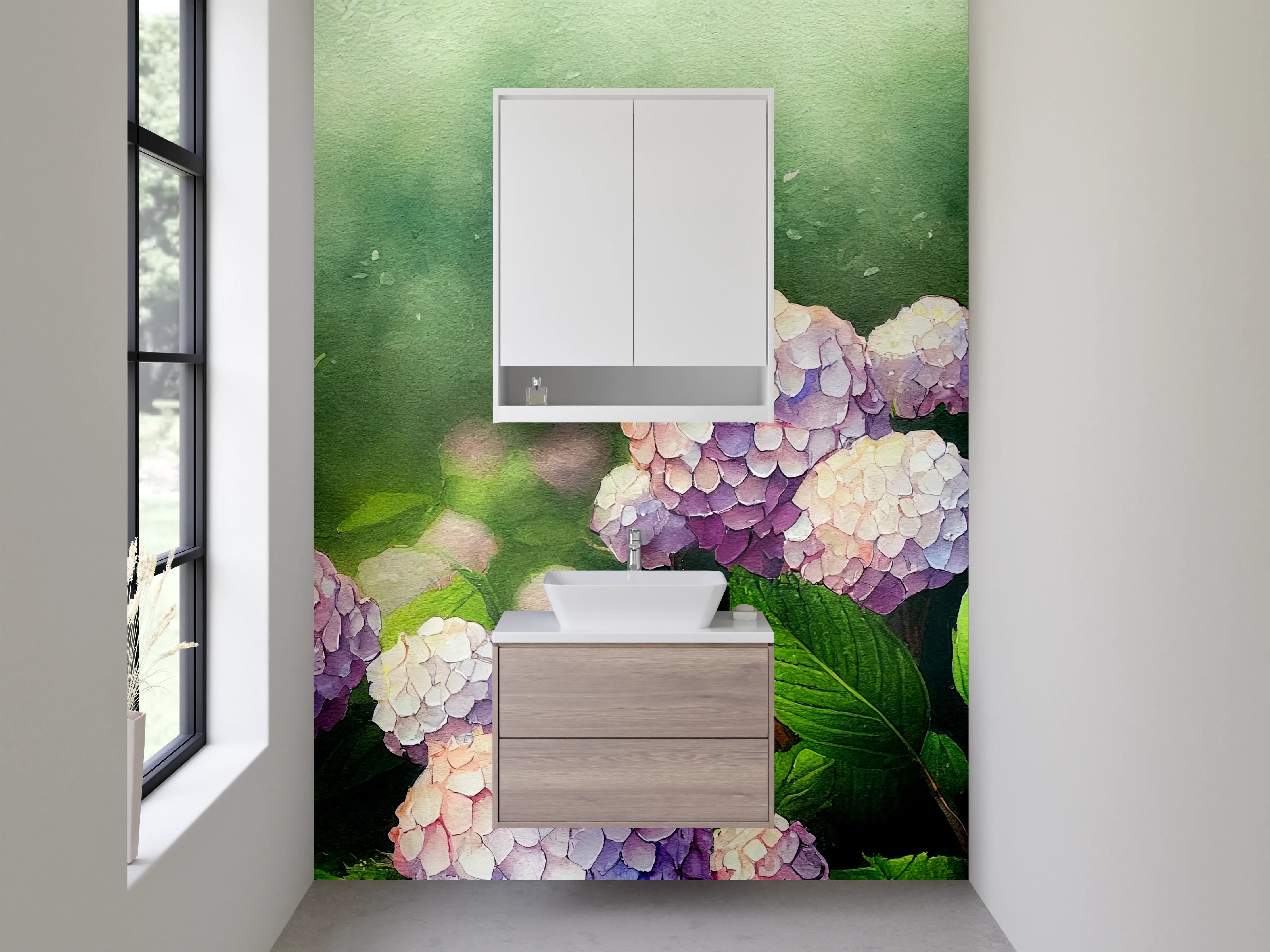 Waschbecken-Rückwand - Aquarell Hortensien Blumen Stilvoll
