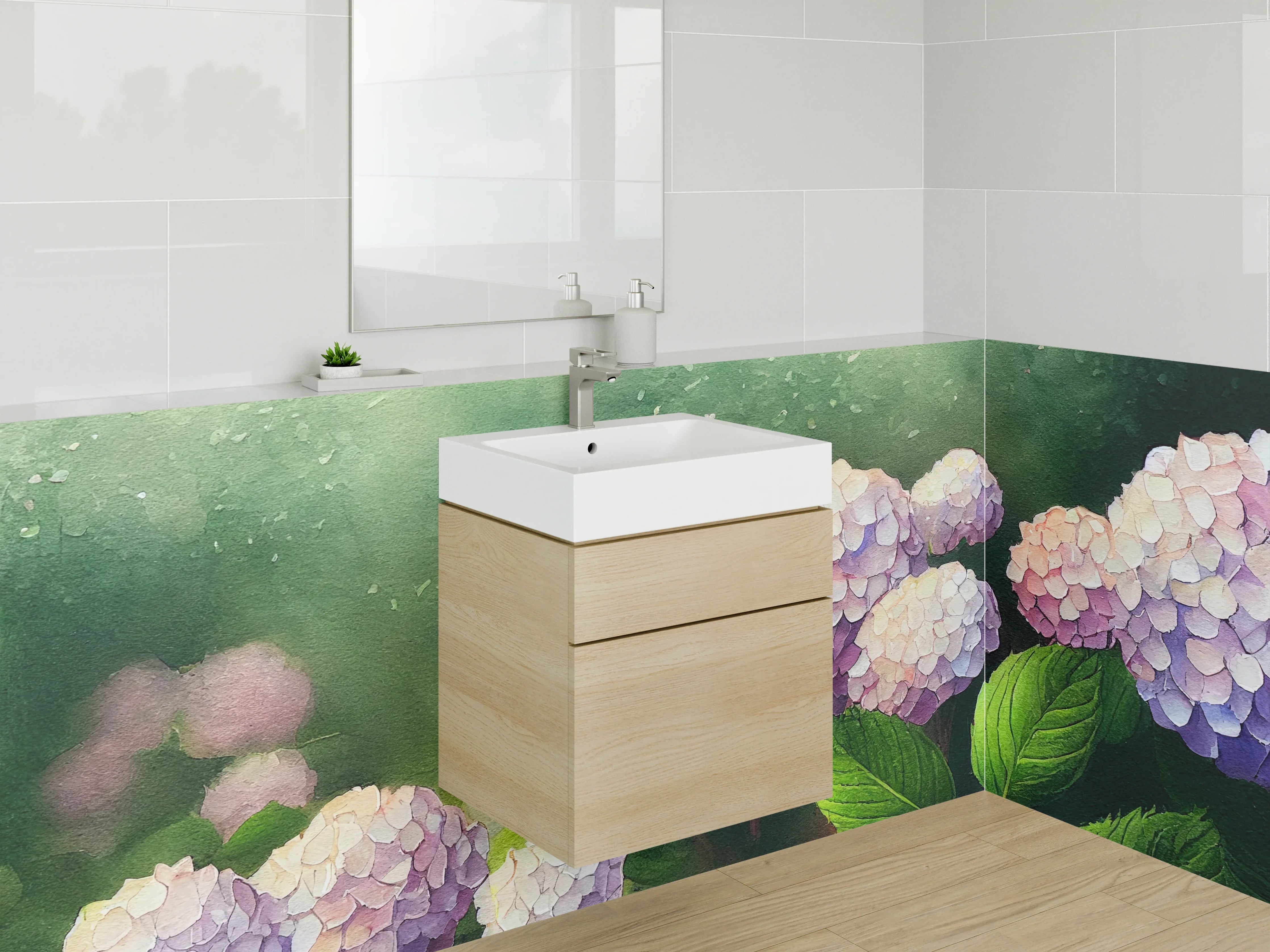 Waschbecken-Rückwand - Aquarell Hortensien Blumen Stilvoll