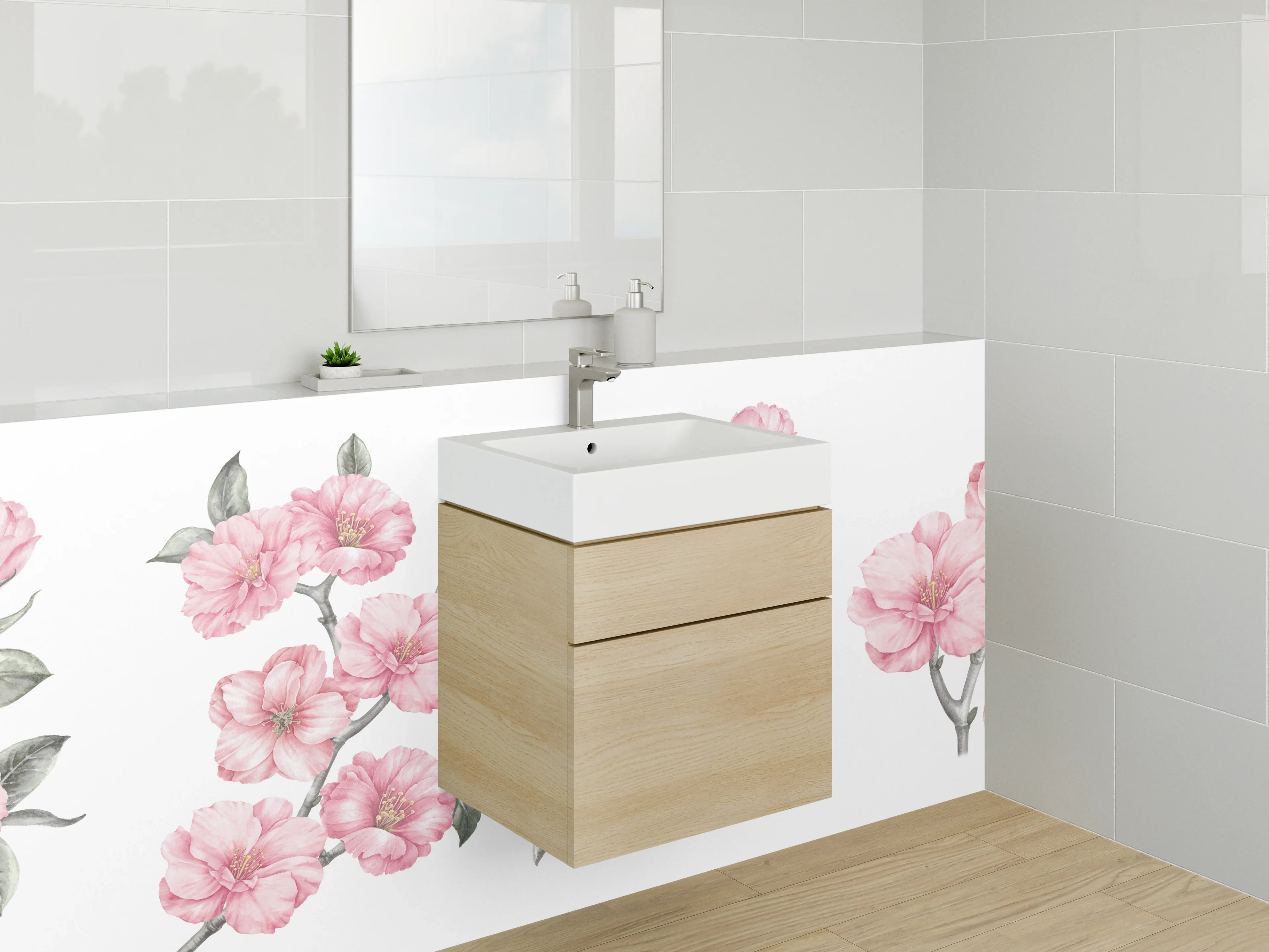 Waschbecken-Rückwand - Aquarell Kirschblüten Rosa Grün